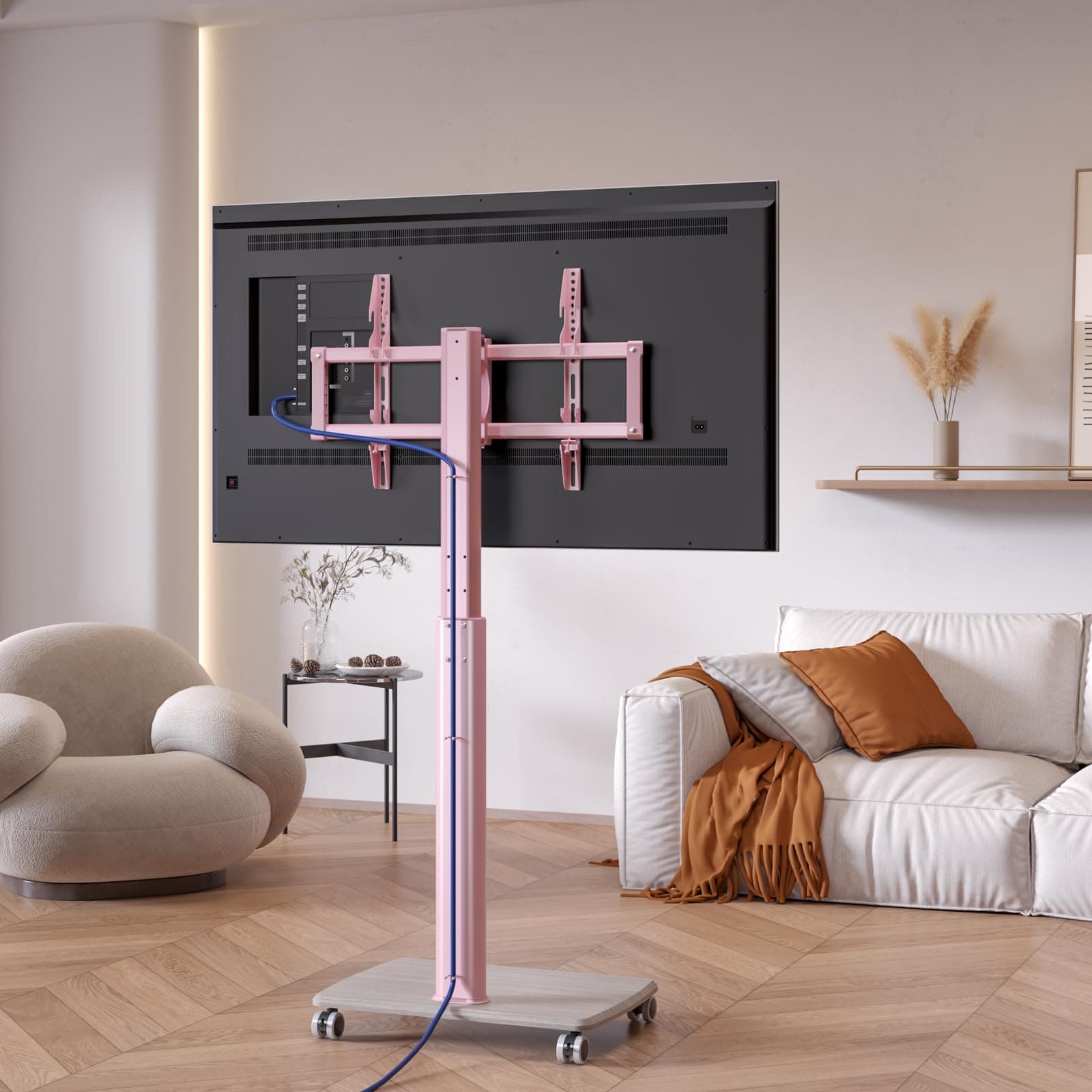 Vermars Pink Rolling TV Stand for 32 to 43 55 65 75 85 Inch TVs, Corner TV Floor Stand, Universal Portable Mobile TV Cart on Wheels, Small TV Stand for Bedroom, Living Room, Conference Room (Pink)