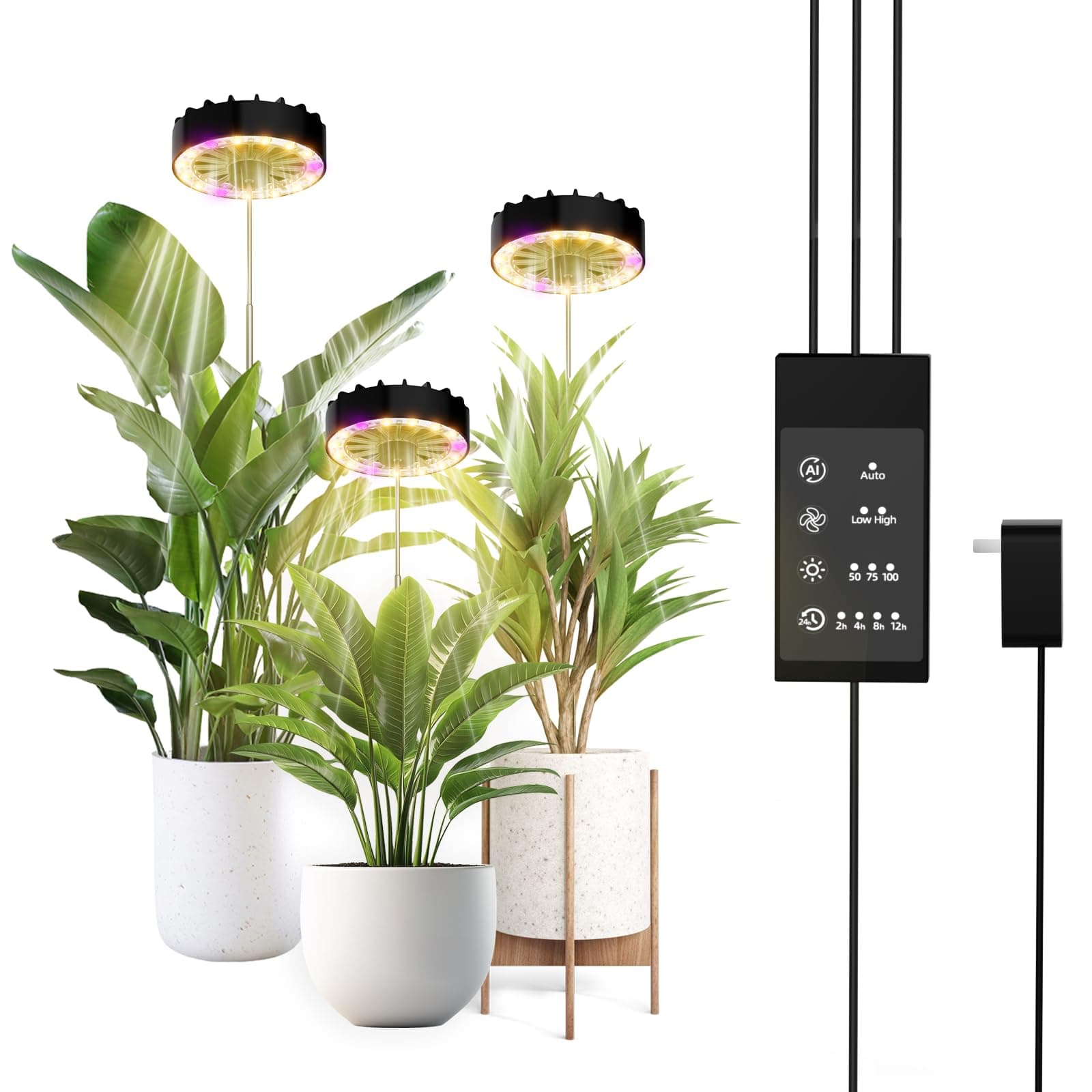 Halo Grow Lights for Indoor Plant, 40'' Height Adjustable Plant Grow Lights with Fan, Full Spectrum Led Plant Lights for Indoor Growing with Timer and 3 Levels Dimmable for Small/Medium Plants,3 Packs