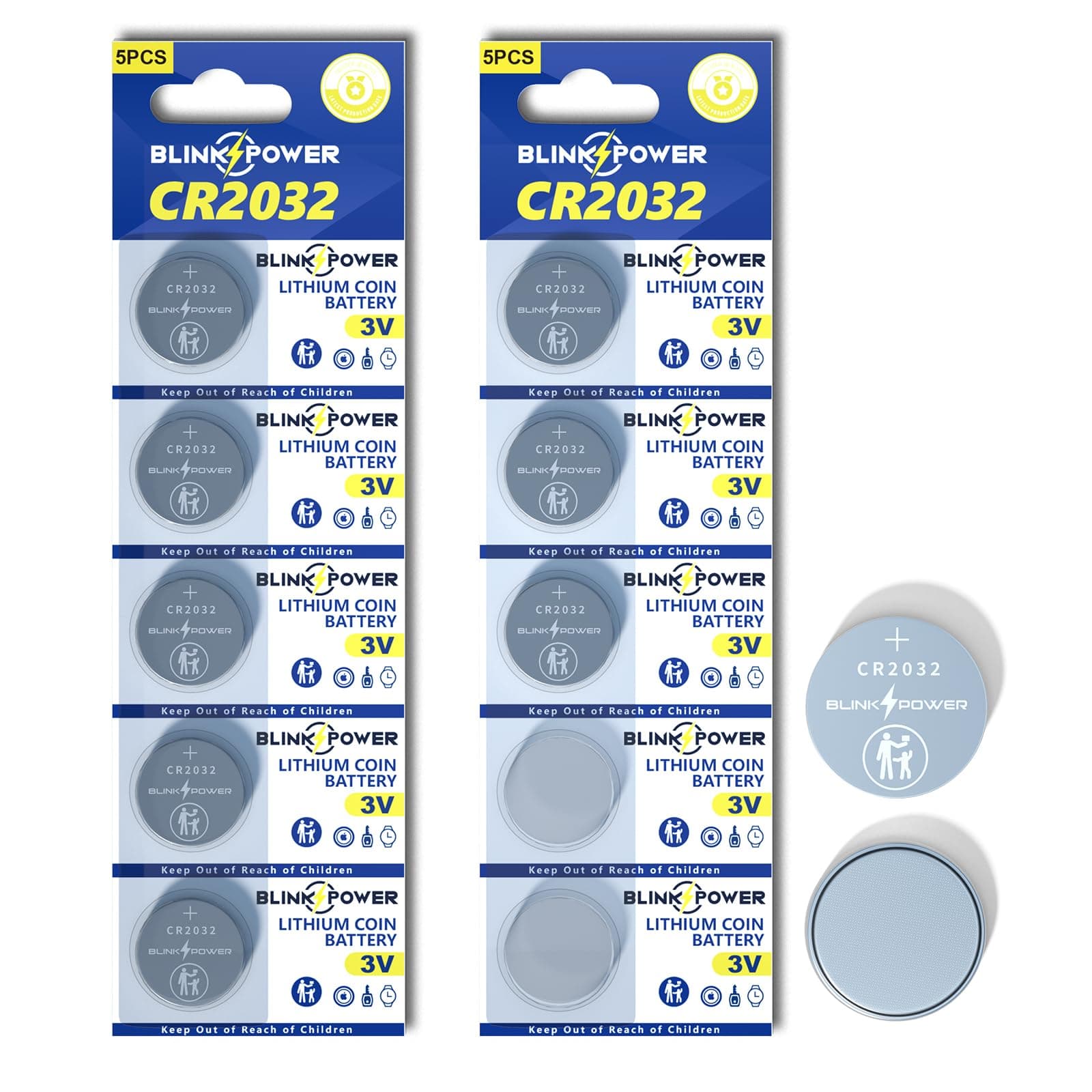 Blinkspower CR2032 Lithium 3V Coin Batteries 10 Pack, Child-Safe & Longest Lasting for AirTag, Car Remote Key