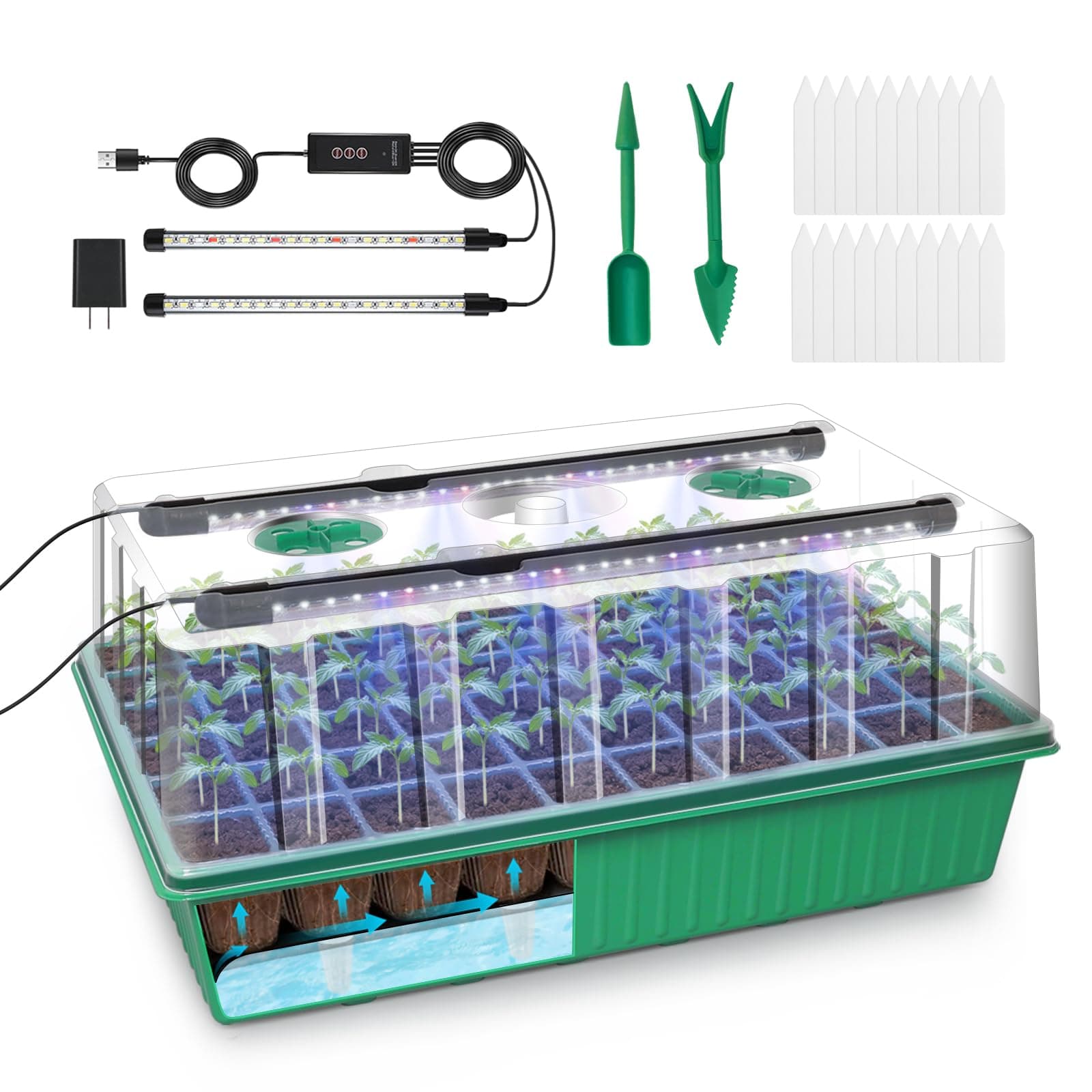GOOINMILL Self-Watering Seed Starter Tray with Timed Grow Light, 80 Cells Plant Starter Tray Seedling Starter Kit with Humidity Domes Base Indoor Mini Greenhouse Plant Germination Trays