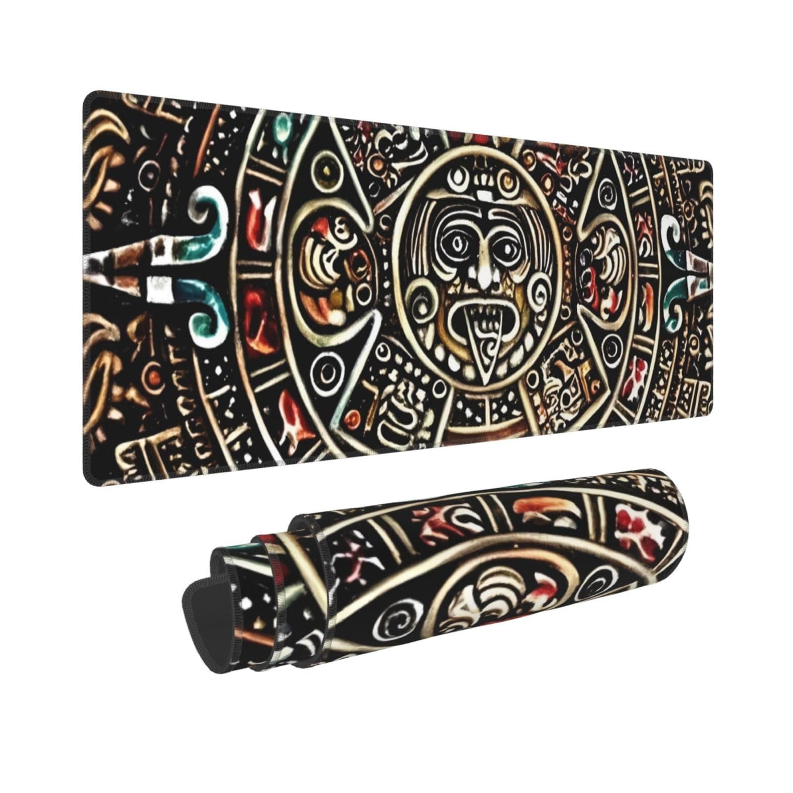 Vintage Aztec Calendar Mayan Large Mouse Pad Desk Mat for Office Mousepad Anti-Skid Rubber Base 31.5 x 11.8in