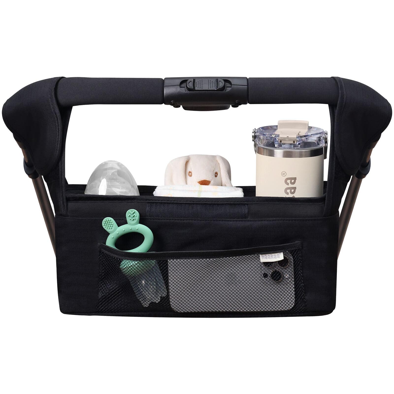 haakaa Universal Stroller Organizer - Black, Single Cup Holder, Stroller Caddy Accessories with Shoulder Strap & Extra Non-Slip Stroller hook, Fits Most Strollers