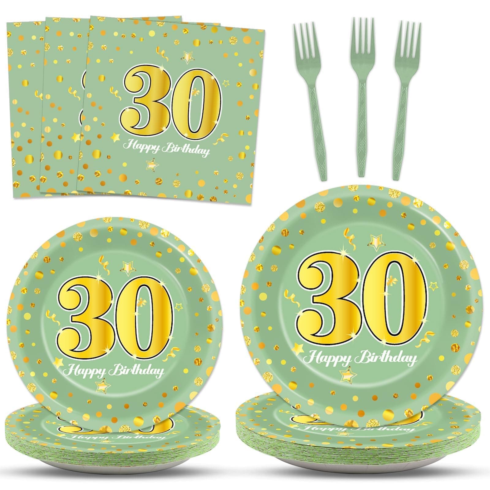 96Pcs Green Gold 30th Birthday Party Plates and Napkins for Women Men Sage Green 30 Year Old Birthday Party Supplies Themed Paper Dessert Plates Tableware Set for 24 Guests Party Decorations