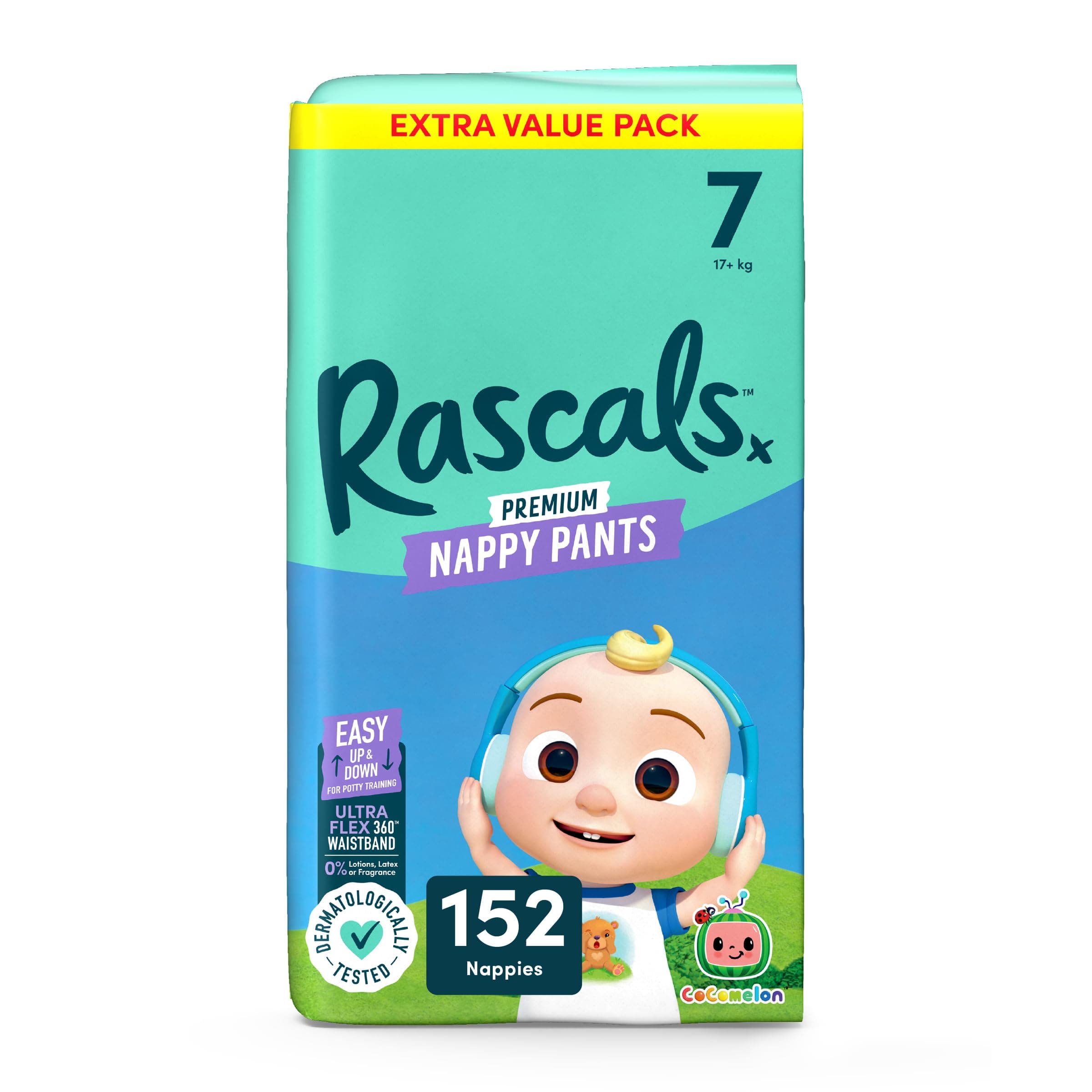 Rascals CoComelon Nappy Pants Size 7, 152 Count, UltraFlex 360™