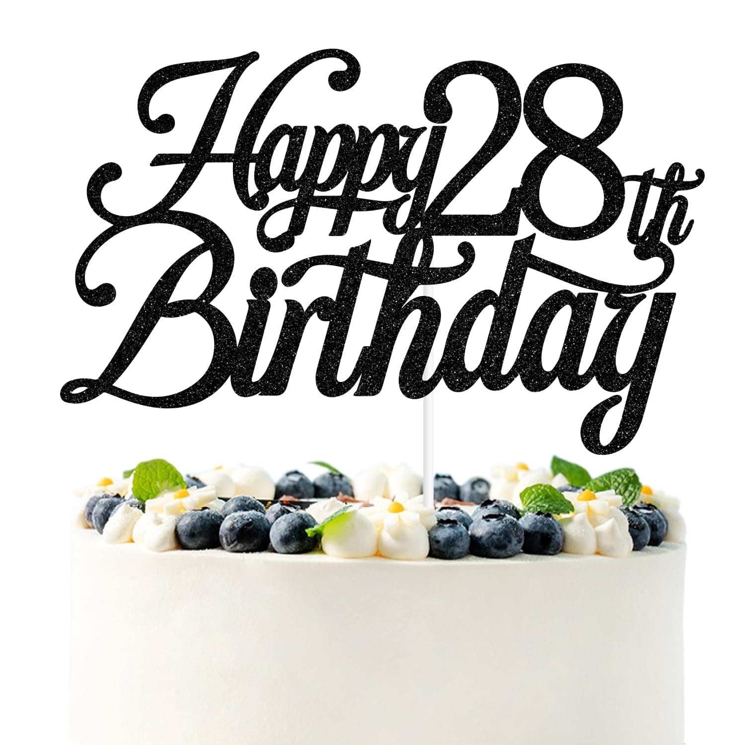 Black Glitter Happy 28th Birthday Cake Topper, Cheers to 28 Years/Level 28 Unlocked/28 Years Loved & Blessed, Funny 28th Birthday Party Decorations Supplies