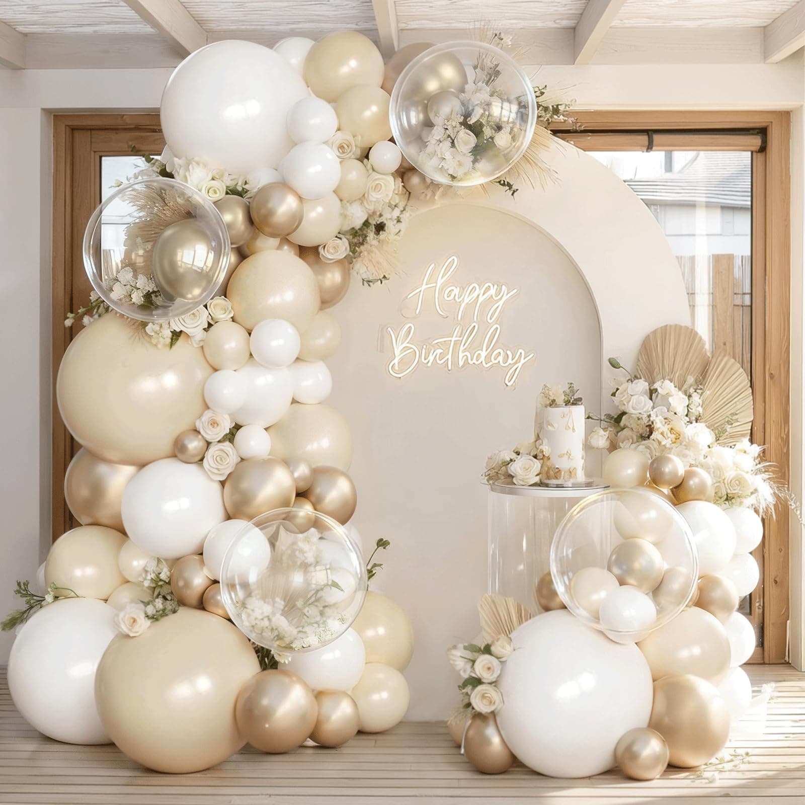 White and Gold Balloon Arch Kit, Gold and White Balloon Garland with Chrome Gold White Sand Balloons for Wedding Bridal Shower Birthday Party Decorations