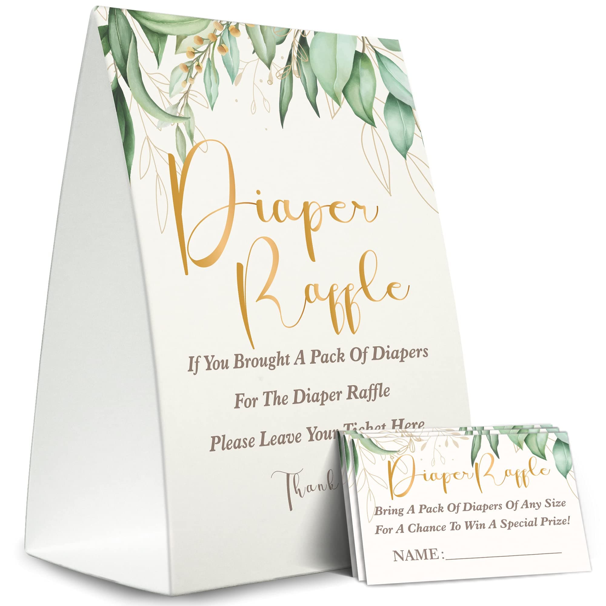 Diaper Raffle Sign,Diaper Raffle Baby Shower Game Kit (1 Standing Sign + 50 Guessing Cards),Greenery Insert Ticket,Baby Showers Decorations,Card for Baby Shower Game to Bring a Pack of Diapers-XN32