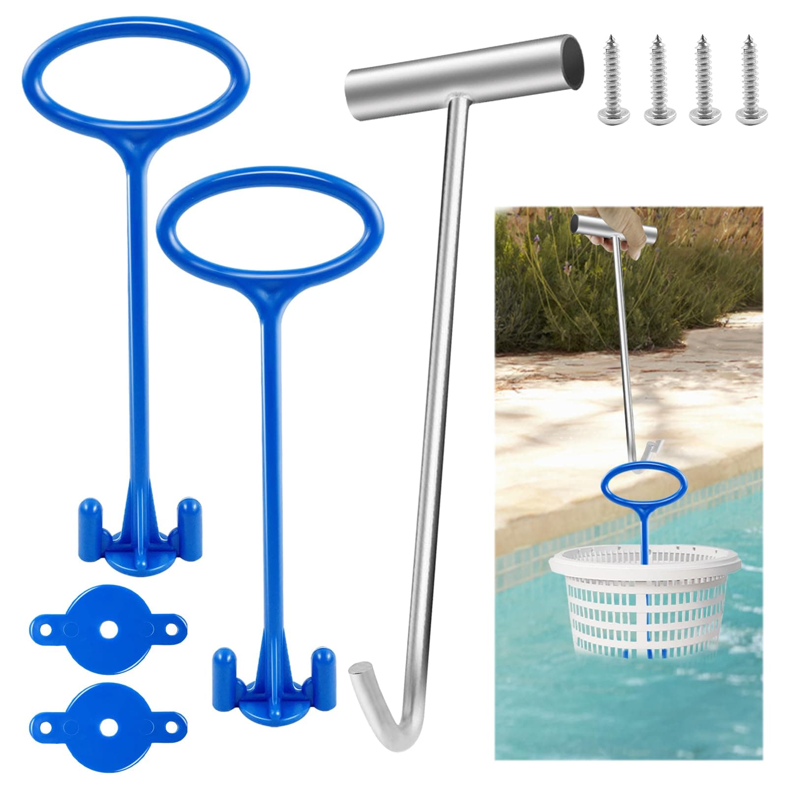 Hlimior 2 Pcs Pool Skimmer Basket Handle with Pool Skimmer Basket Hook, Universal Pool Basket Cleaning Tool Suitable for All Skimming Baskets, Pool Filter Basket Handle Cleaning Tool，Pool Accessories