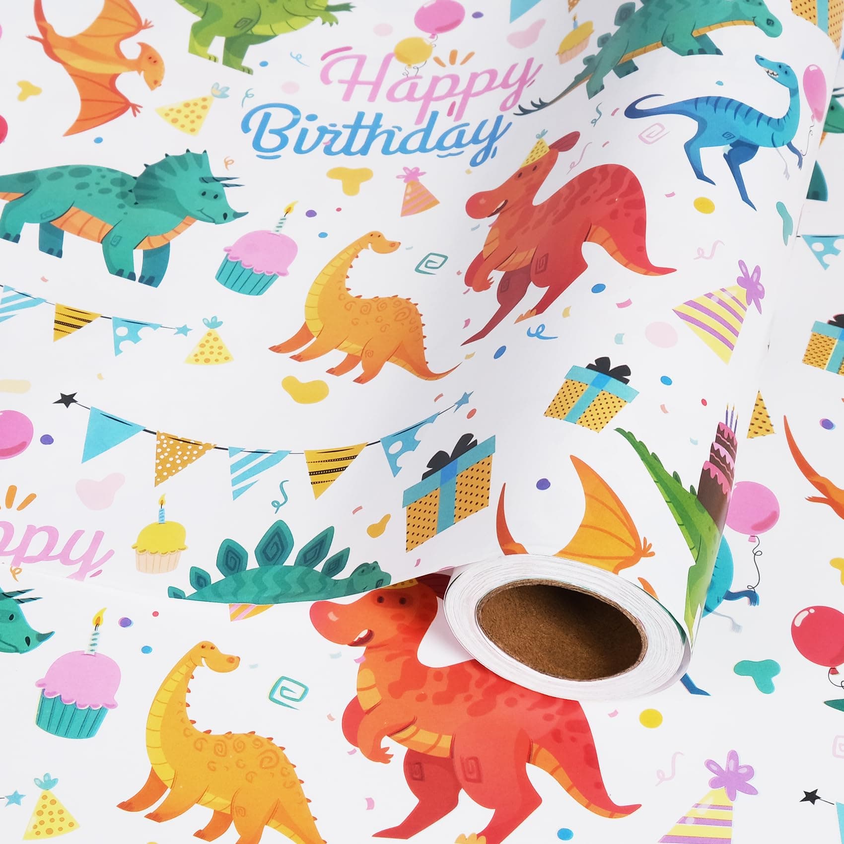 RayofSun Dinosaur Wrapping Paper Roll 17 inch X 16.5ft,Red Orange Green Dinosaurs Happy Birthday Wrapping Paper for Boys,Wrapping Paper Rolls Gift Wrap Paper Dino Parties,Baby Showers,Happy Bday Wrap