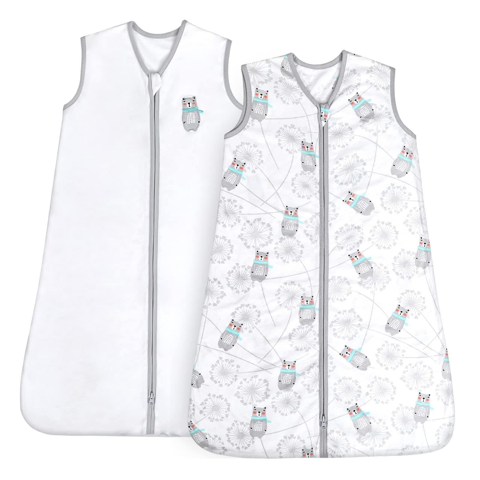 TILLYOU 2 Pack Baby Sleep Sack 12-18 Months 100% Cotton Wearable Blanket 0.5 TOG Sleeveless Summer Sleep Sacks with 2-Way Zipper, Gray Bear & White