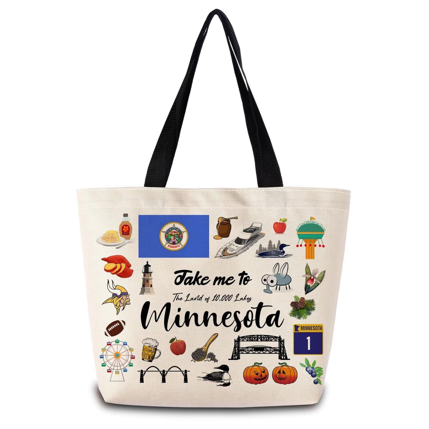 ZhuVantrix Take Me To Minnesota Tote Bag Reusable Grocery Bags Aesthetic Shopping Shoulder Handbag with Interior Pocket Lightweight & Washable Stylish Minnesota Travel Present for Women