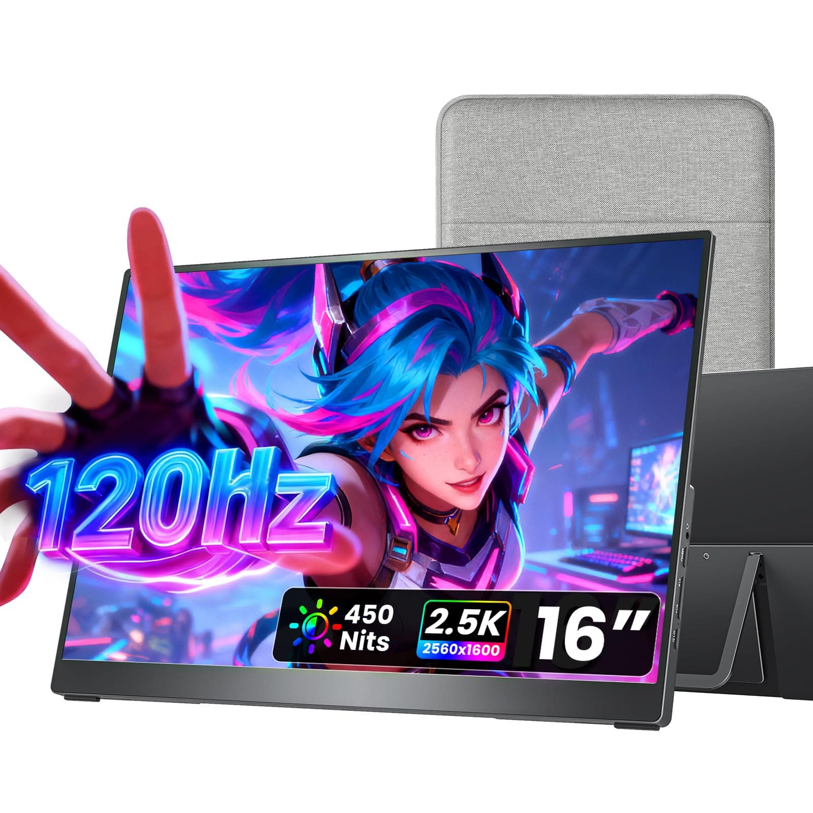 cocopar Portable Monitor 16 Inch 2.5K QHD120Hz HDMI 110% sRGB Travel Monitor with Speaker HDMI USB-C Second Screen for Laptop MacBook Surface PC Xbox PS4/5, VESA Mountable, with Kickstand