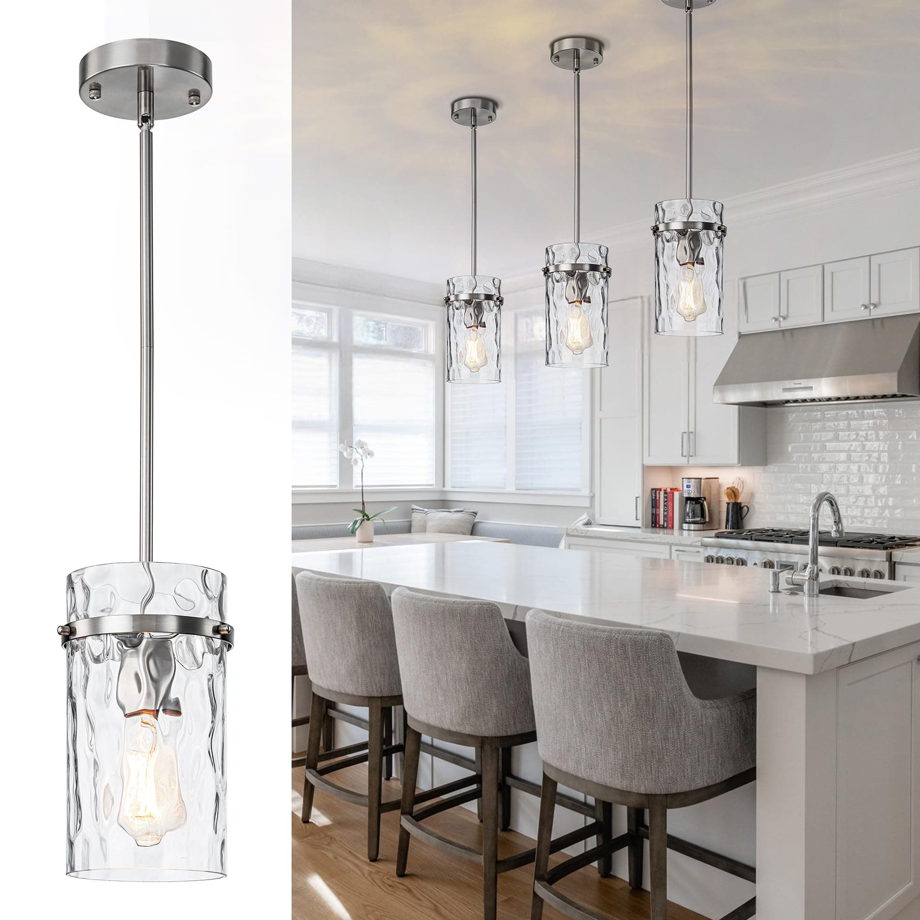 Modern Brush Nickel Hammered Glass Pendant Lights for Kitchen Dining Room