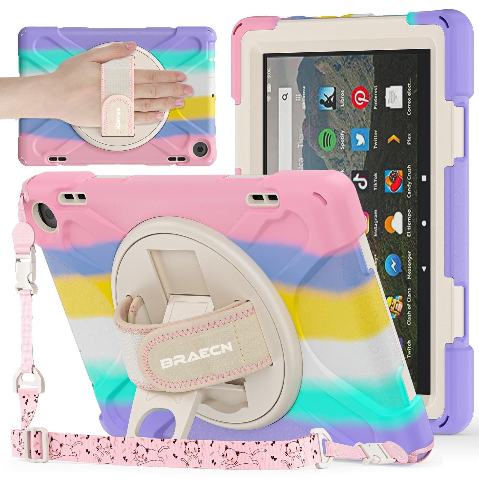 BRAECNstock Kids Case for Amazon Fire HD 8 Tablet 12th Generation 2022 8 inch with 360° Rotating Hand Strap + Stand Shouler Strap Pen Holder Shockproof Protective Kindle Fire HD 8 Case - Colorful Pink
