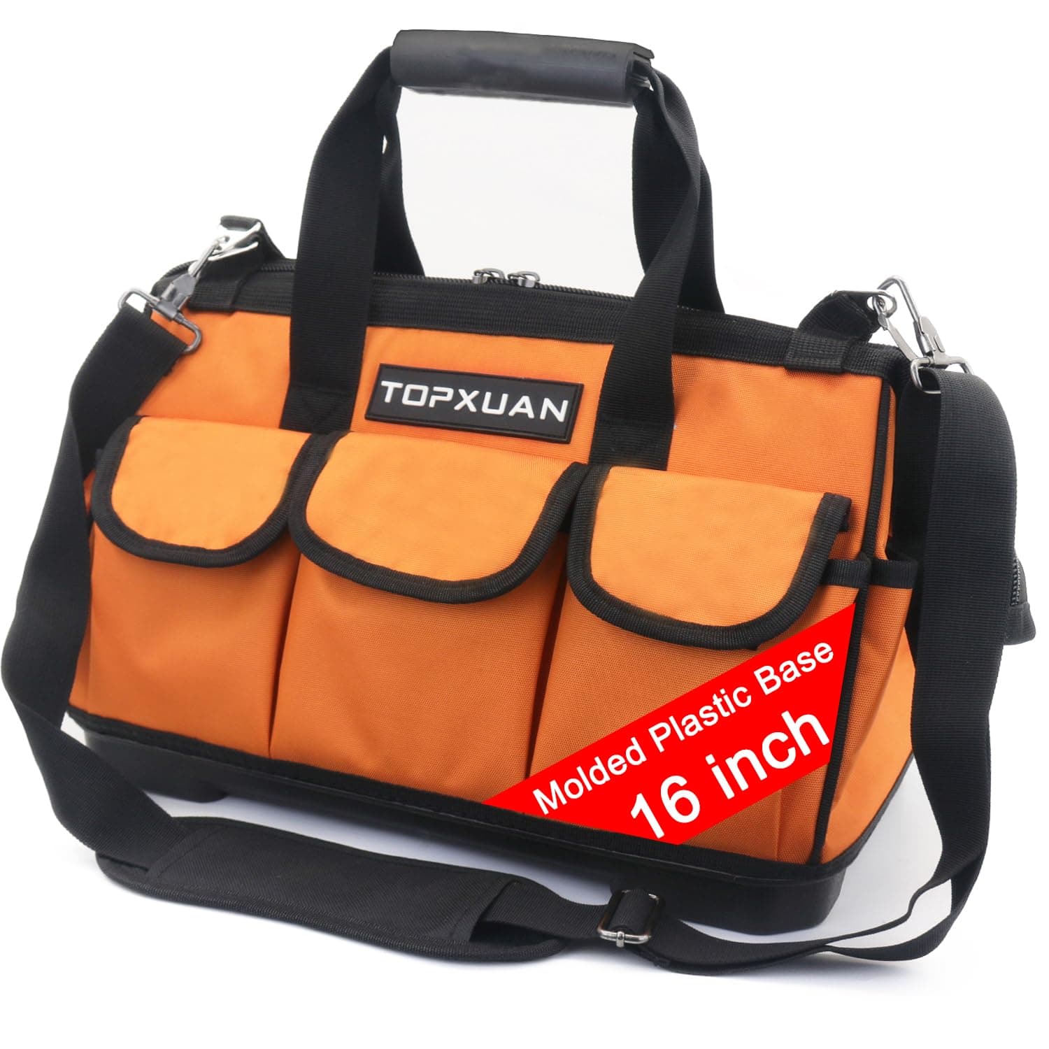 TOPXUAN Tool Bag 16 Inch, Heavy Duty Waterproof Orange Tool Organizer,Molded Plastic Bottom and Wide Mouth With Shoulder Strap for Power Tools and Hand Tools, Oxford Cloth Fabric (16 Pockets)