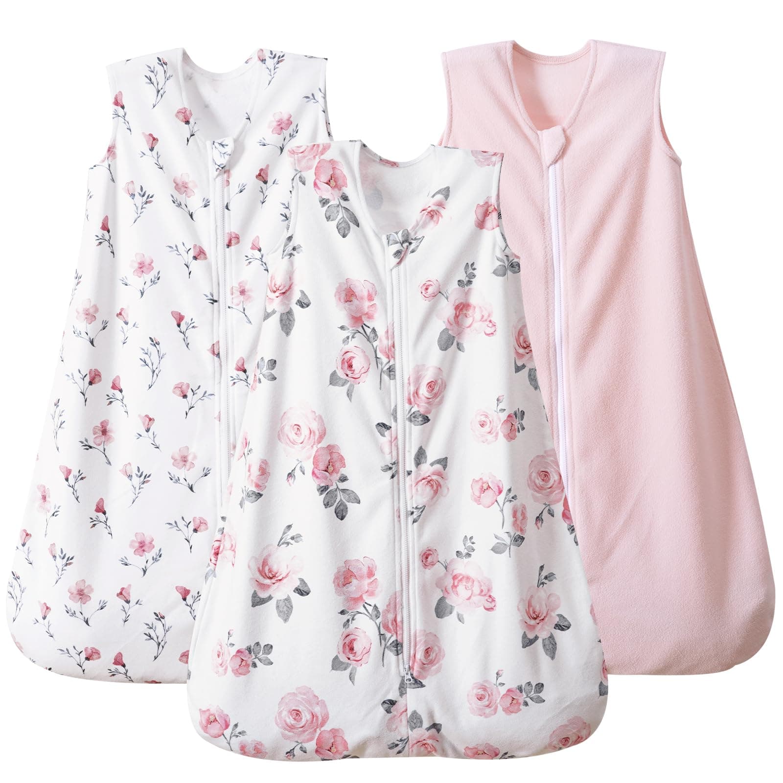 PHF 3 Pack Soft Micro-Fleece Baby Sleep Sack, 12-18 Months Warm Baby Wearable Blanket, 2-Way Zipper Sleeping Bags, Comfy Toddler Sleeping Sack for Baby Girls, Large Size, Floral