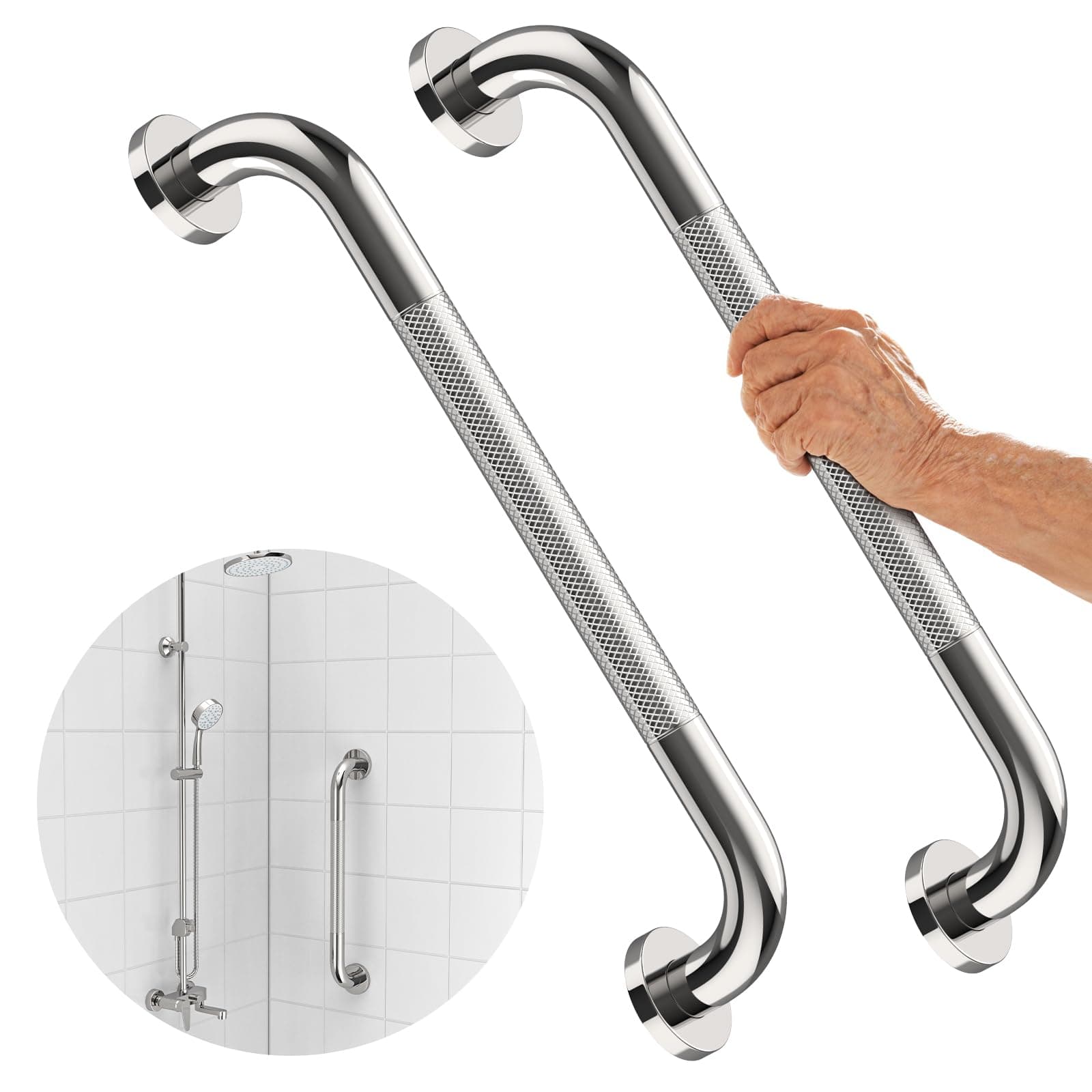 2 Pack 16 Inch Shower Grab Bar with Anti-Slip Grip, iMomwee Chrome Stainless Steel Bathroom Grab Bar Handle, Shower Balance Bar, Safety Hand Rail Support, Handicap Elderly Senior Assist Bath Handle