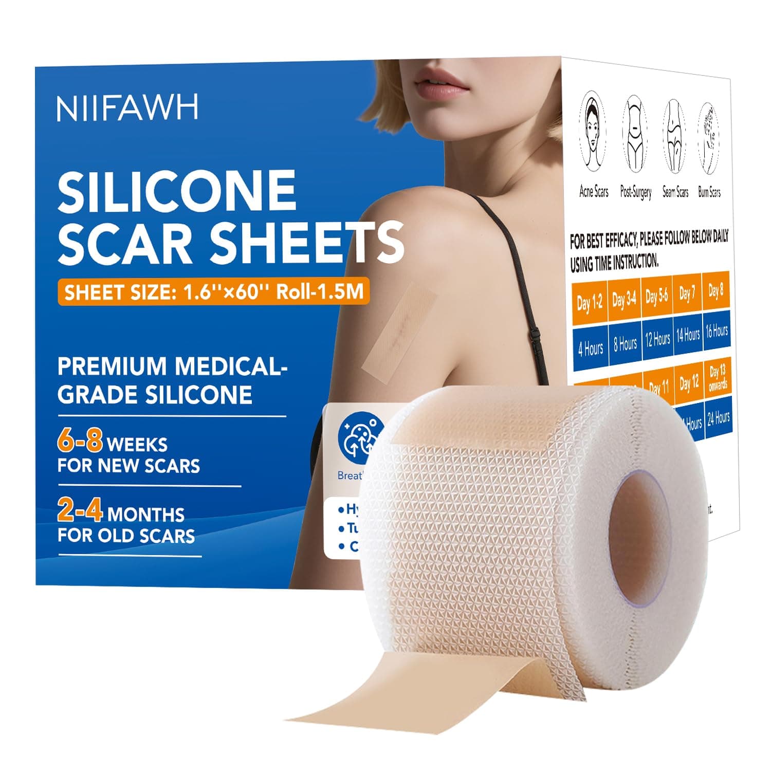 NIIFAWH Silicone Scar Sheets, Silicone Scar Tape(1.6"x 60" Roll-1.5M) - Reusable, Soft & Medical Grade Adhesive Tape for Old & New Scars, C-Section, Surgery, Keloid & Acne Scars