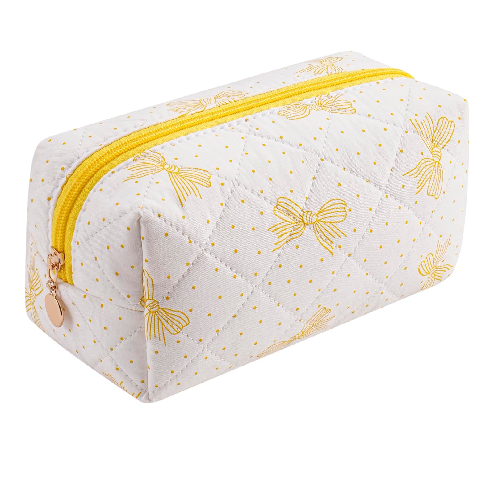 HHQQWZ Quilted Cotton Makeup Bag Travel Cosmetic Bag for Women Girls, Zipper Make Up Pouch, Bow Pattern Toiletry Organizer Makeup, Portable Storage Bag, Ribbon Yellow Bowknot