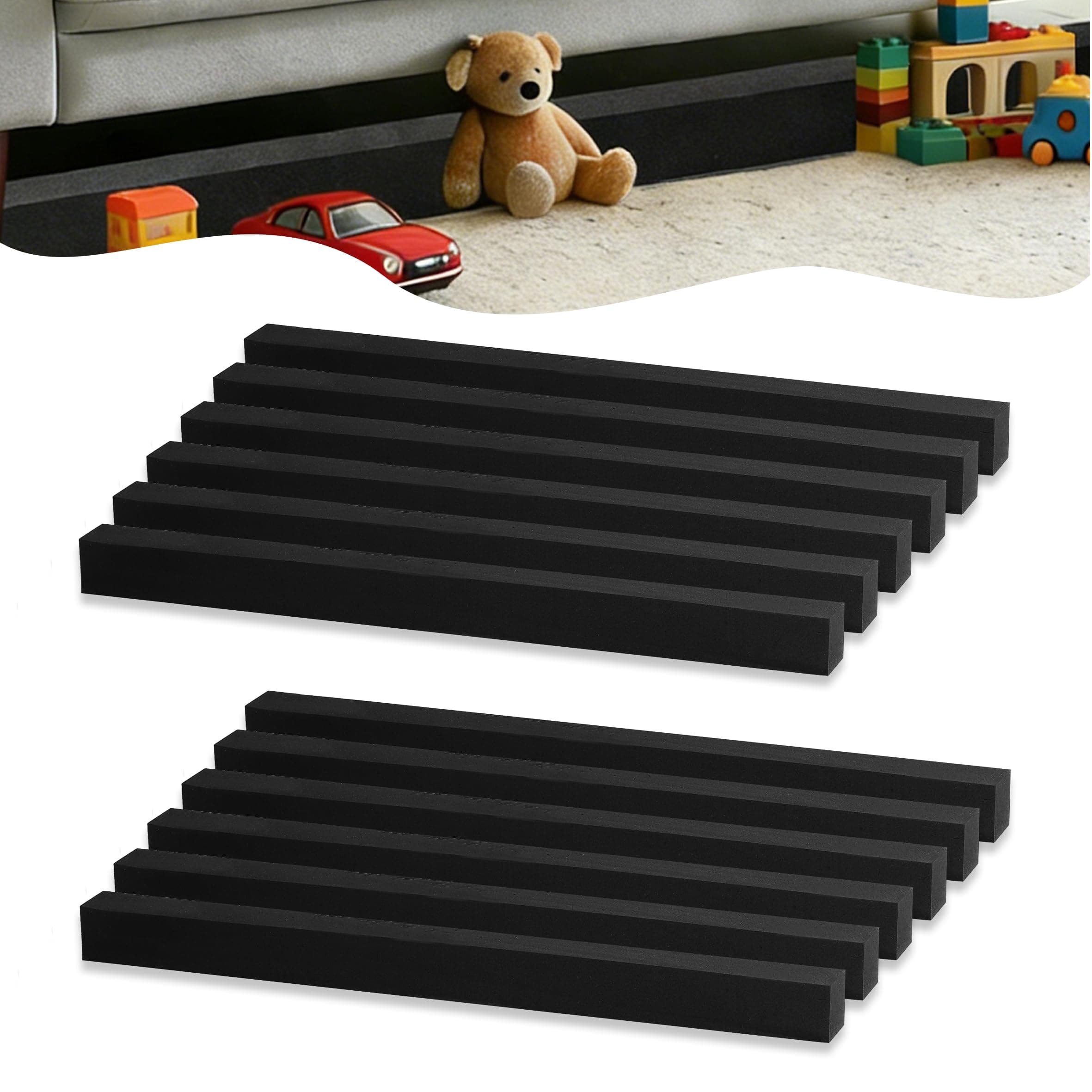 VELATYVIO 12 Pcs Under Couch blockers with Adhesive Tape Under Bed Blocker for Pets Foam Sponge Toy blockers for Furniture,Stop Items from Going Under Sofa Bed,Black 17" L x 1.2" H