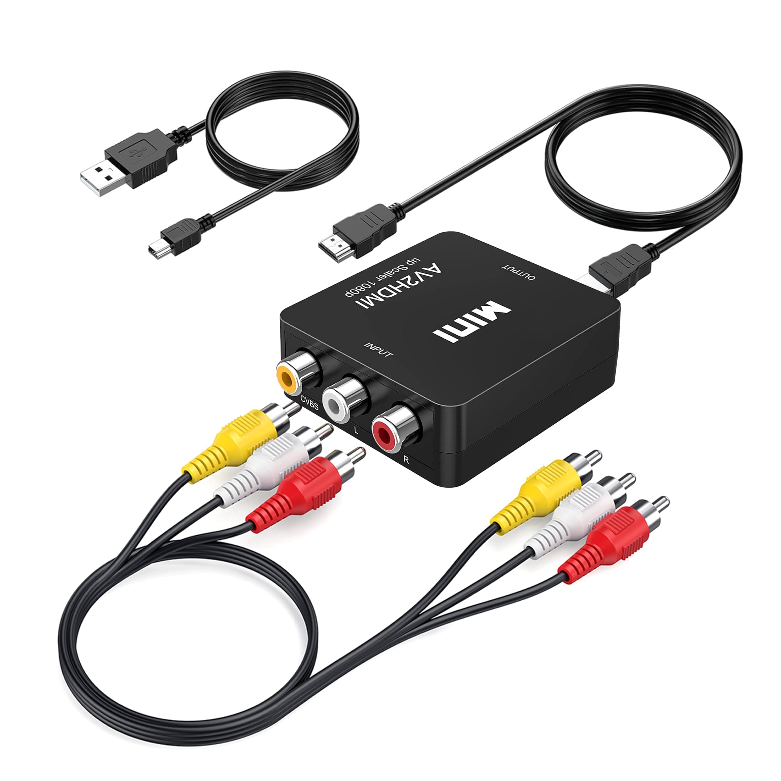 Chodwe RCA to HDMI Converter, RCA to HDMI Adapter, 1080P Mini RCA Composite CVBS AV to HDMI Video Audio Converter Adapter Support PAL/NTSC for N64 Wii PS2 PS3 Xbox VHS - with RCA and HDMI Cable