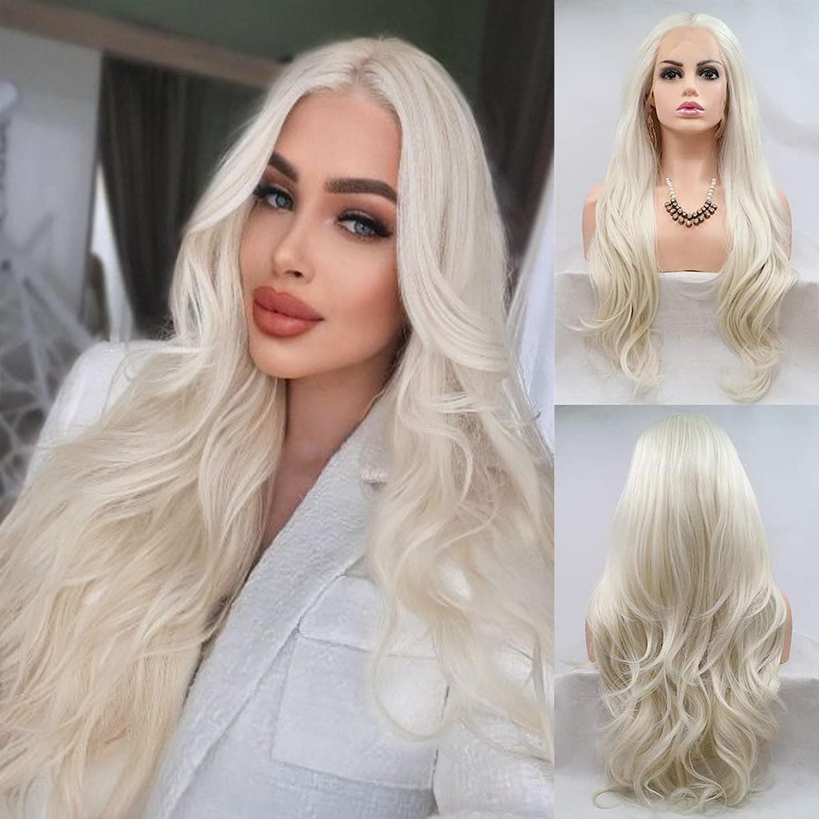 #60 Platinum Blonde Lace Front Wig Long Wavy Blonde Synthetic Lace Front Wig Glueless Wigs for Black Women 24Inch Blonde Heat Resistant Hair White Wear and Go Wig