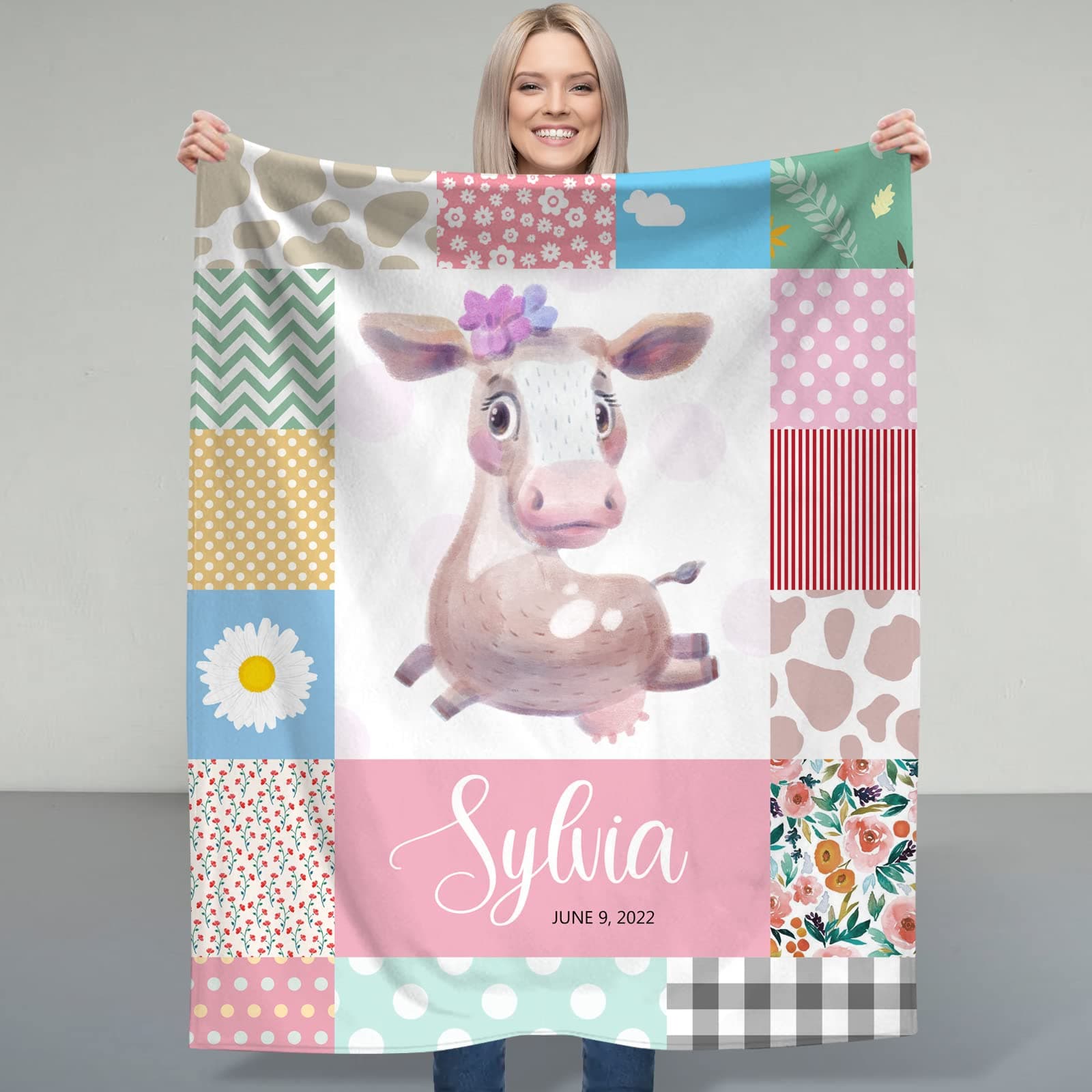 Ussunarts Personalized Newborn Gifts for Baby Girls Cow Print Blanket Custom Name - Kids Baby Cow Nursery Bedding Decor - Minky Dots Backing