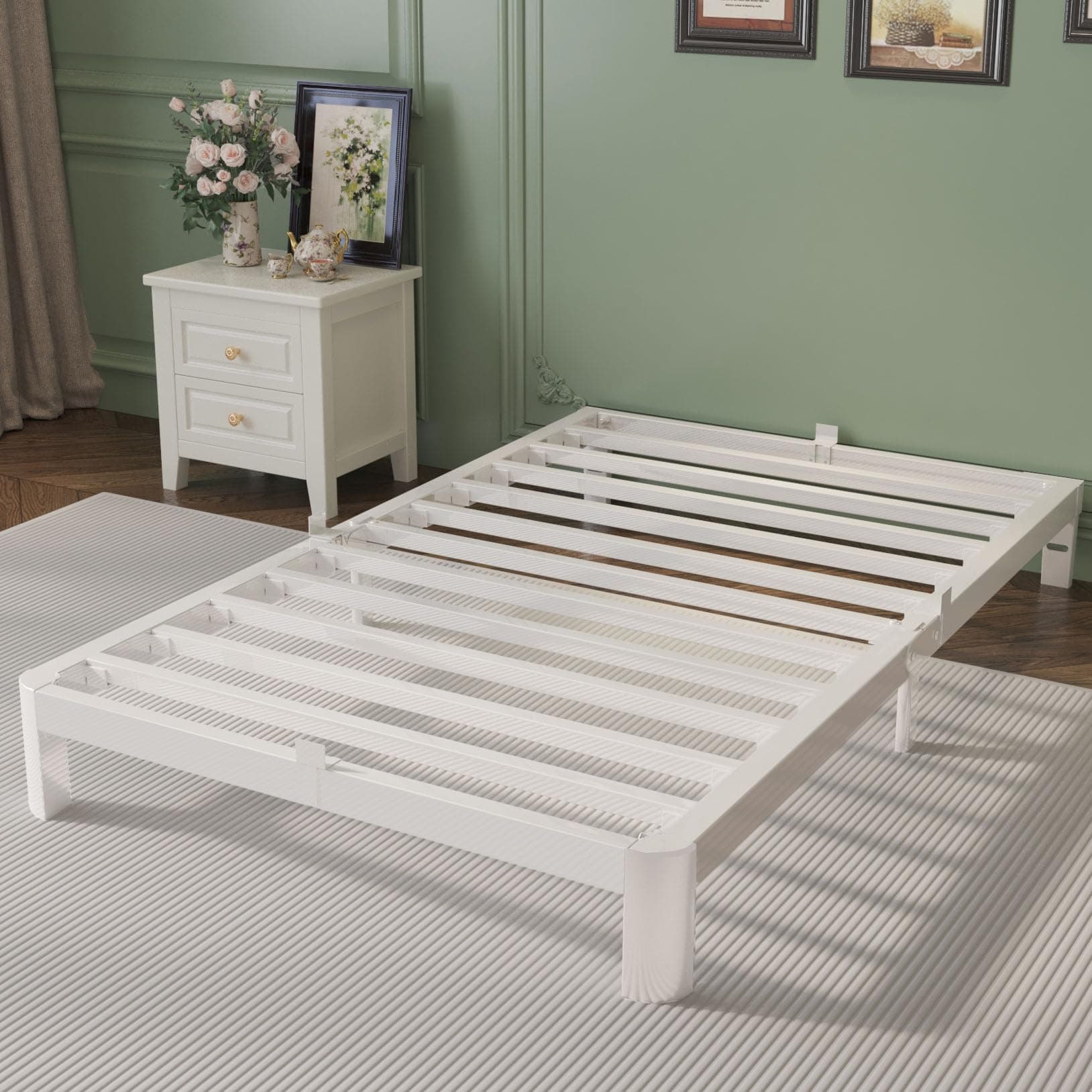 KOSOSO 6 Inch Twin Bed Frame with Metal Gasket, White Single Bed Base