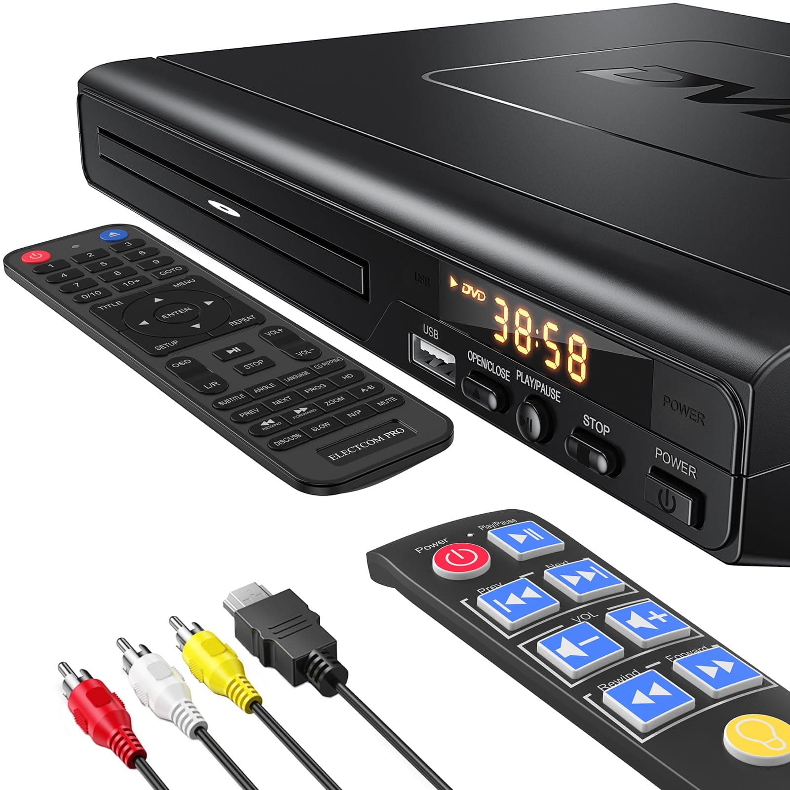 ELECTCOM PRO Region-Free DVD Player for TV, with Large Button Remote