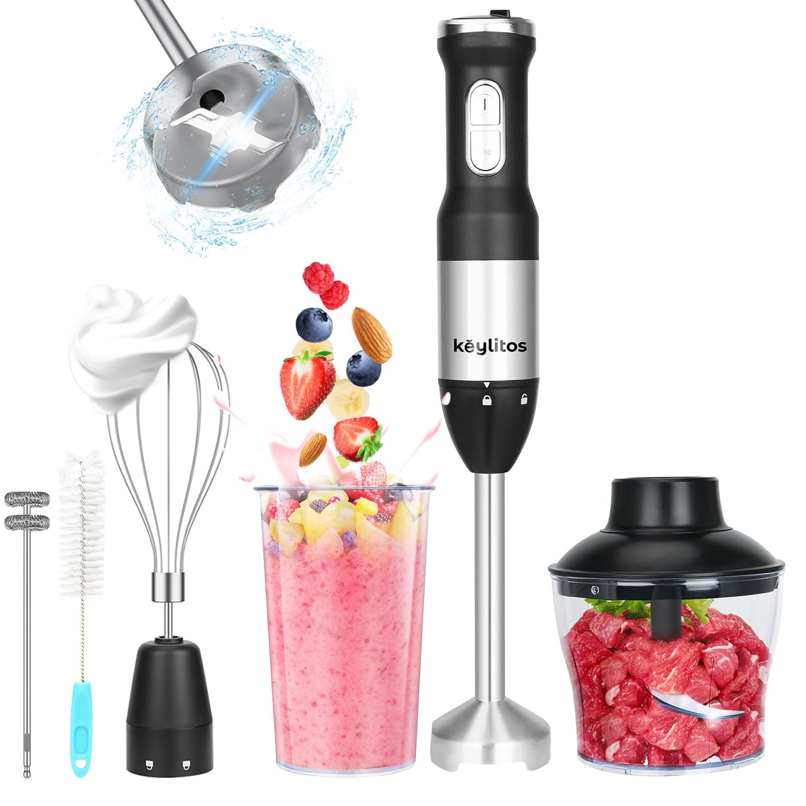 Keylitos 5 in 1 Immersion Hand Blender Mixer, [Upgraded] 1000W Handheld Stick Blender with 600ML Chopper, 800ML Beaker, Whisk and Milk Frother for Smoothie, Baby Food, Sauces Red,Puree, Soup (Black)