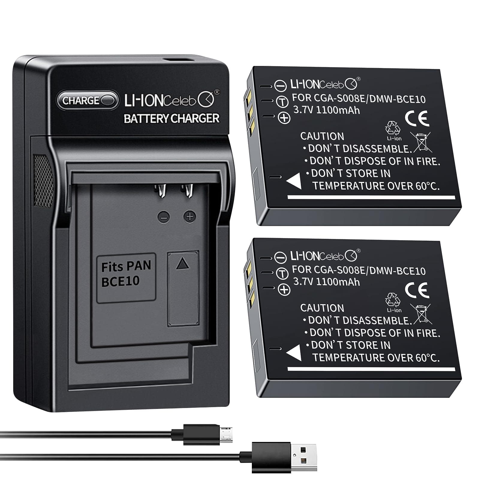 DMW-BCE10 Replacement Battery(2 Pack) +Quick Charger Set Compatible with Panasonic DMC-FS20 3.7V 1100mAh High Performance Compatible Camera Battery LICA 2023IR