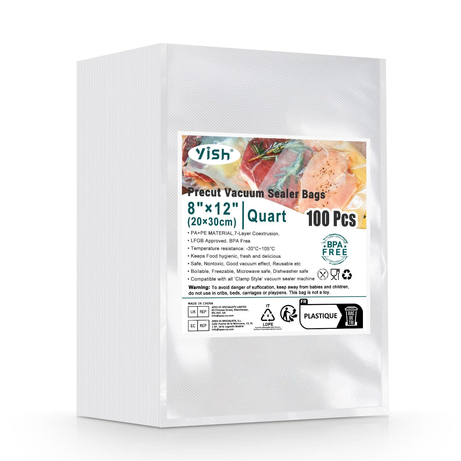 Vacuum Sealer Bags 100 Quart 8"×12" Precut Bags for Food Saver, Commercial Grade, BPA Free, Heavy Duty Food Sealing Bags for Storage, Meal Prep, Sous Vide