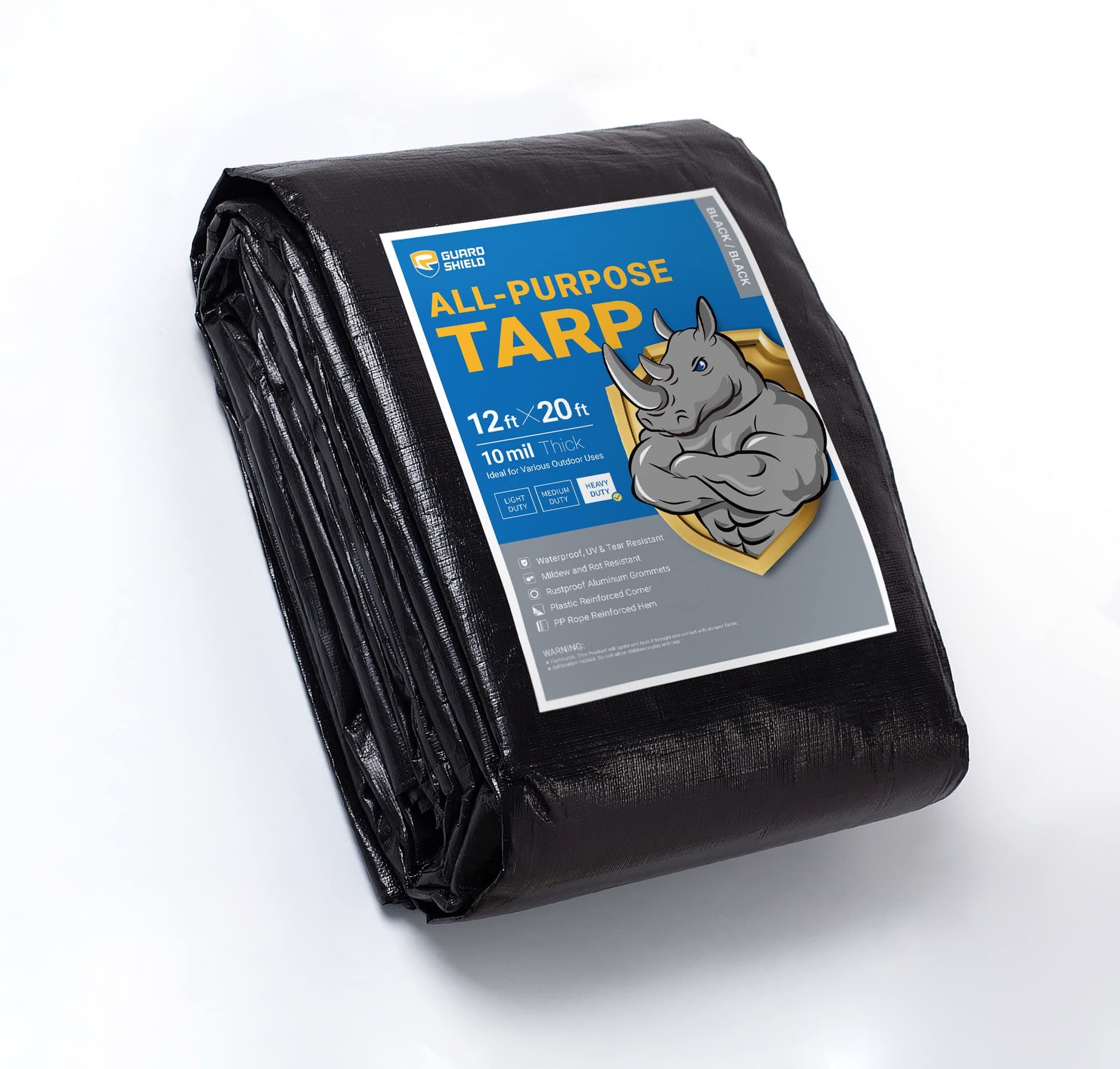 GUARD SHIELD Tarps Heavy Duty Waterproof 12x20 Feet Black Tarp Cover Outdoor Thick UV Resistant Tarpaulin with Grommets 10mil