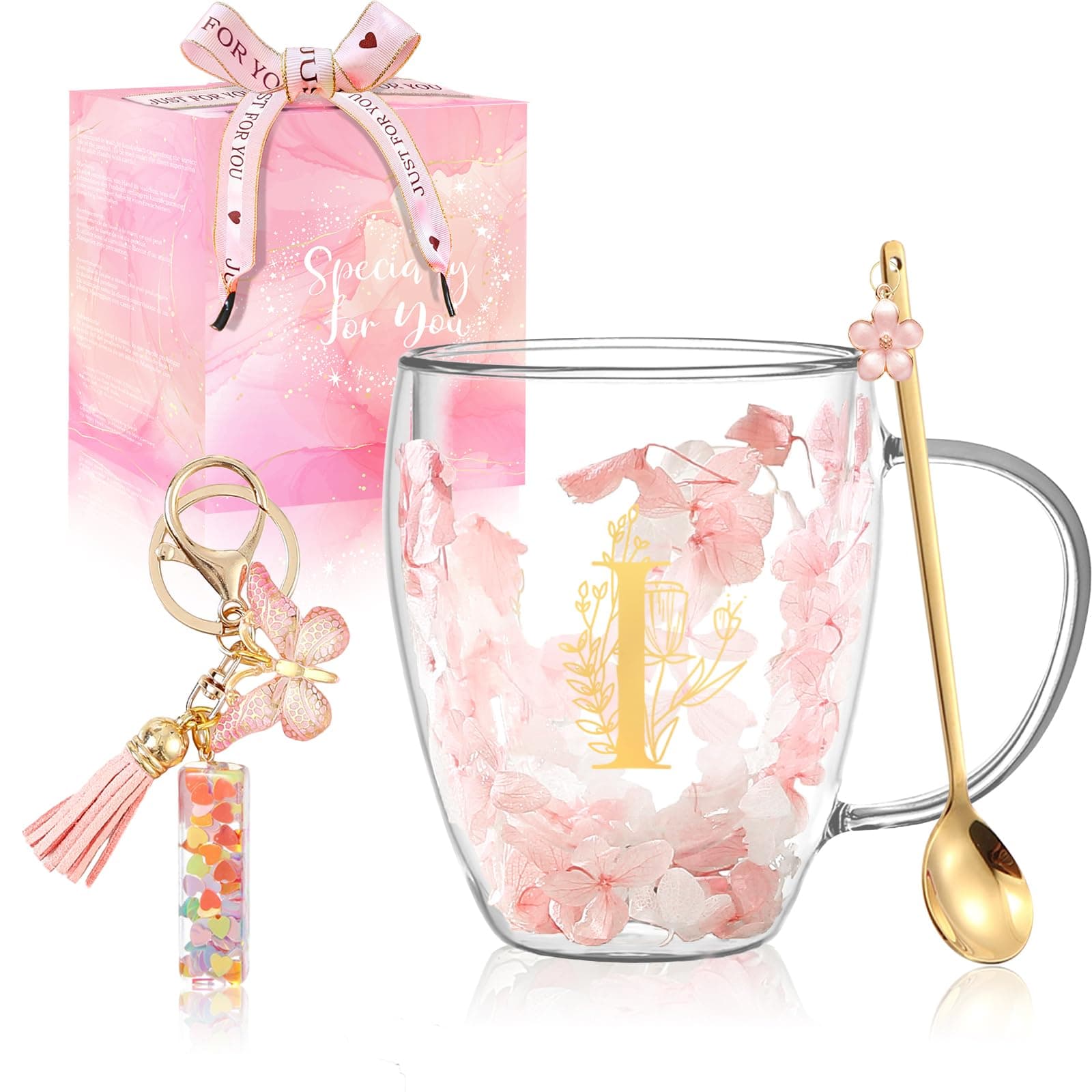 Gifts for Women Flower Double Wall Cute Novelty Glass Coffee Mug Tea Cup with Spoon Customized Wedding Favors Personalized Christmas Valentines Birthday Gifts for Women Bride Wife Friends Sisters (I)