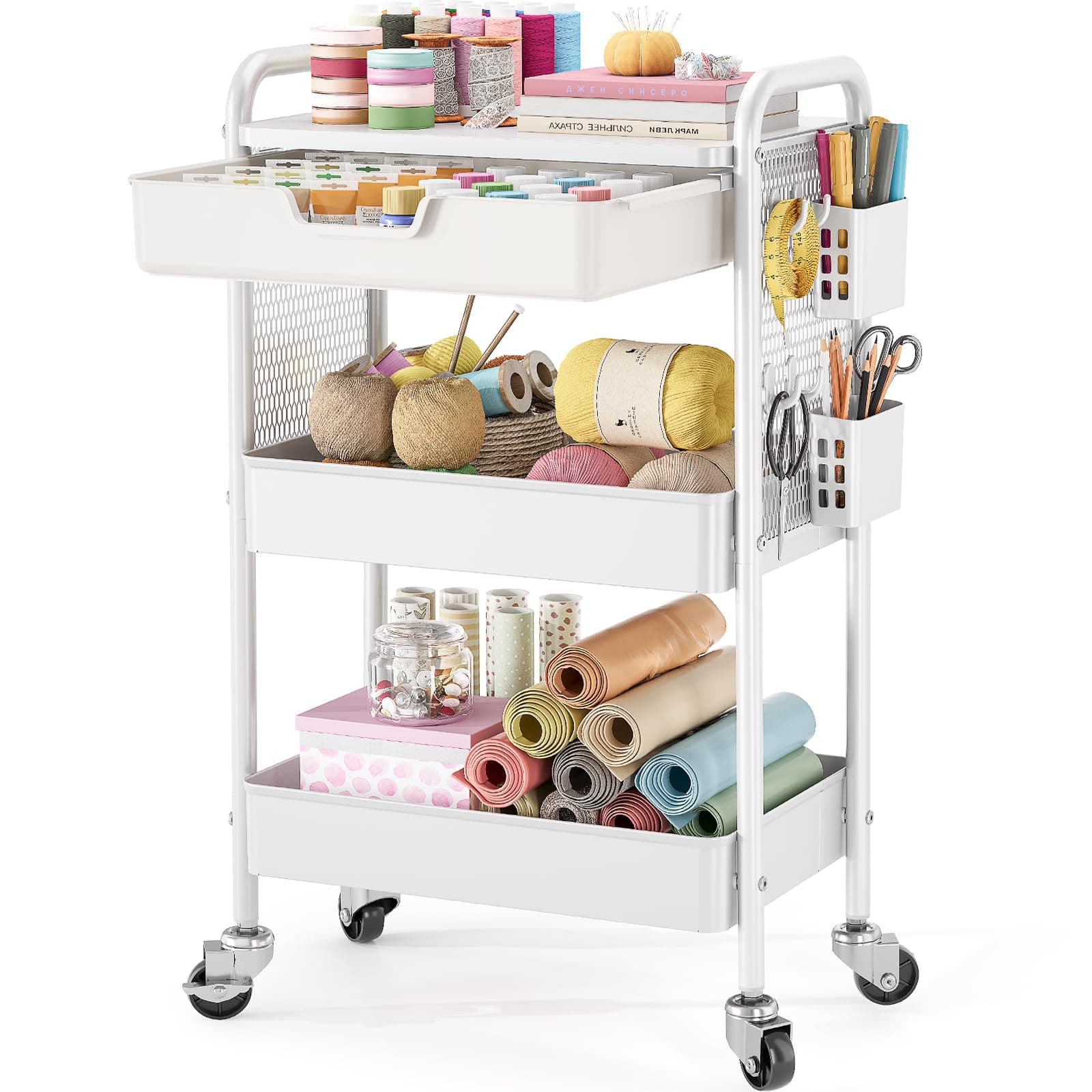 KINGBOARD 3 Tier Metal Rolling Cart with Drawer, White Utility Storage Cart