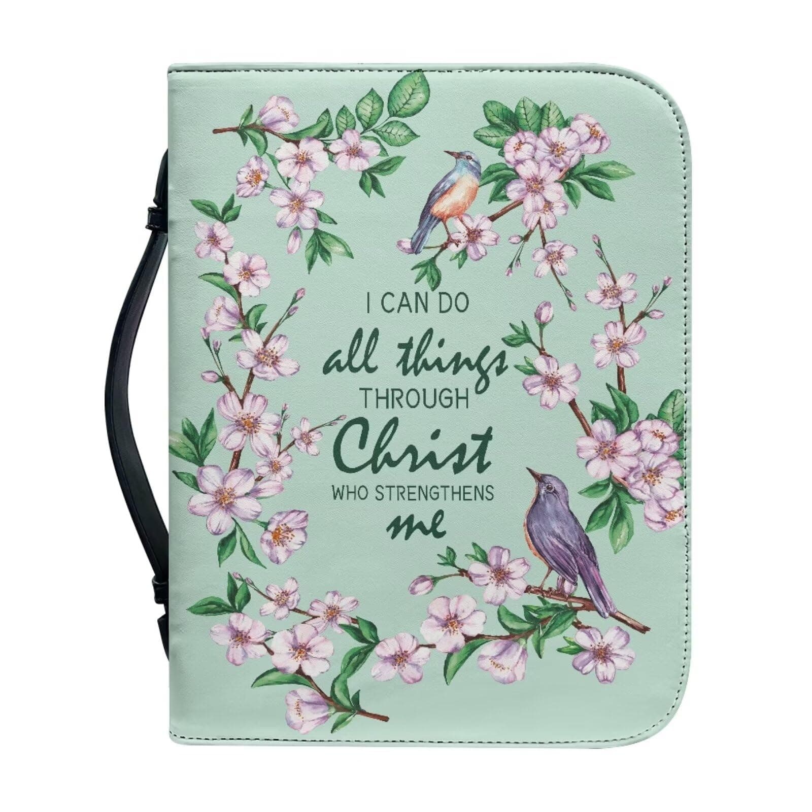 Pzuqiu Floral Hummingbird Bible Cover Case for Women Green PU Leather for Teen Girls Bible Book Cases with Durable Handle Bible Protective Cover Great Christian Gifts, XL