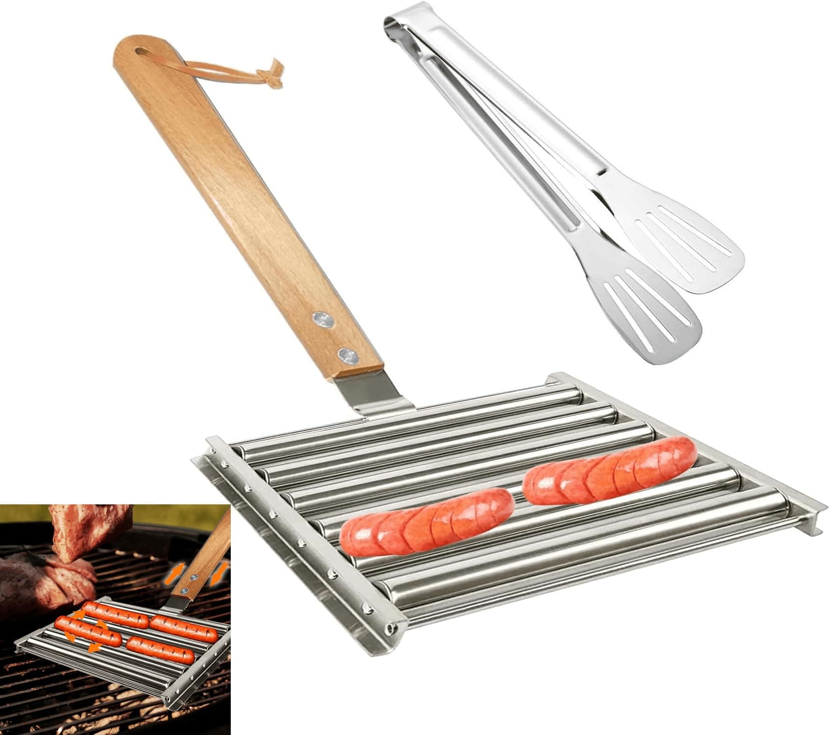 Hot Dog Roller for Grill with Grill Tongs,Stainless Steel Sausage Roller Rack with Wood Handle,BBQ hot dog grill roller,5 Hot Dog Capacity,Grill Accessories for Barbecue-Large Size
