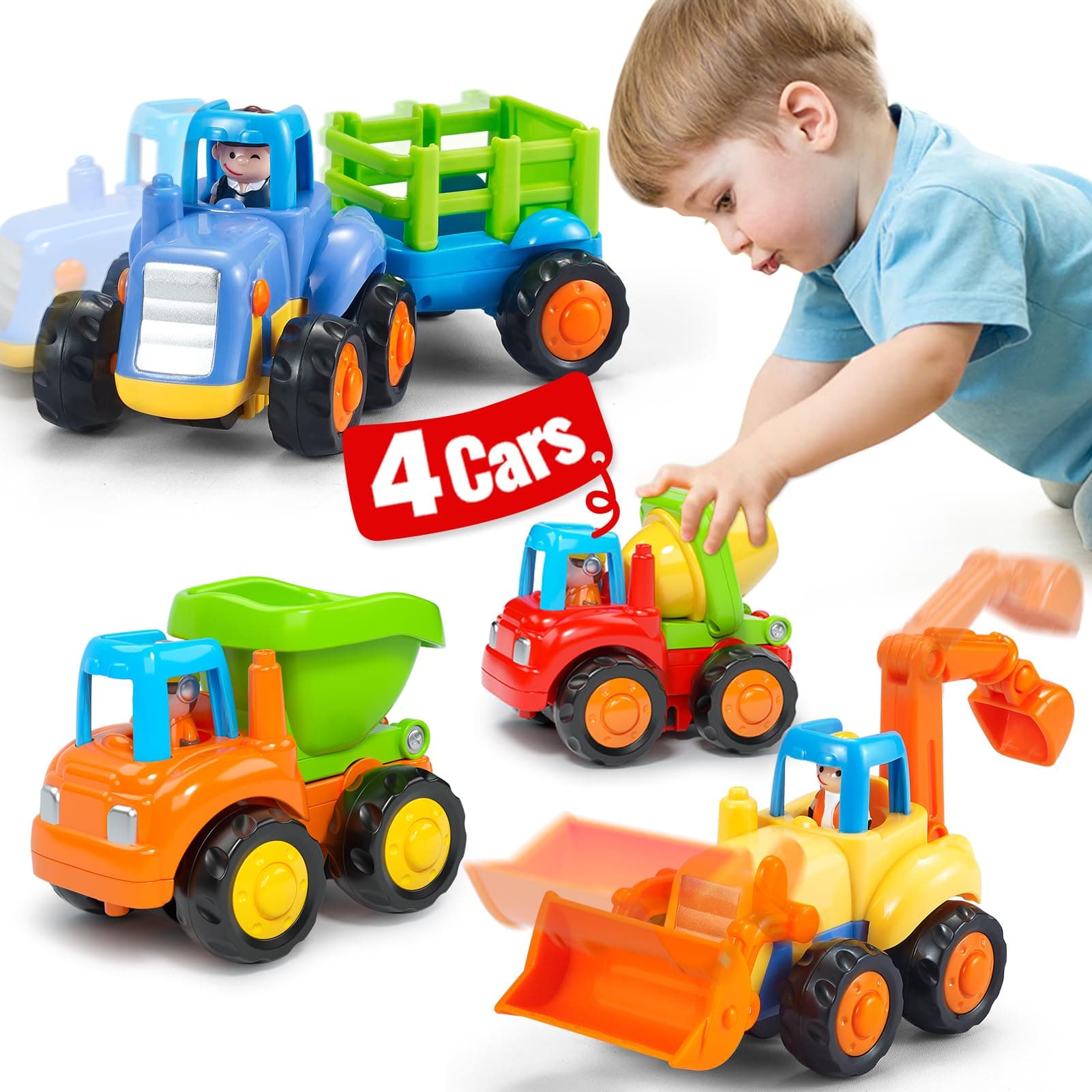 HOLA Toys for 1 2 Year Old Boys Birthday Gifts - 4 PCS Push and Go Trucks, 4WD Friction Power Car Toddler Toys Early Educational Baby Toy 12-18 Months Christmas Easter Stocking Stuffers