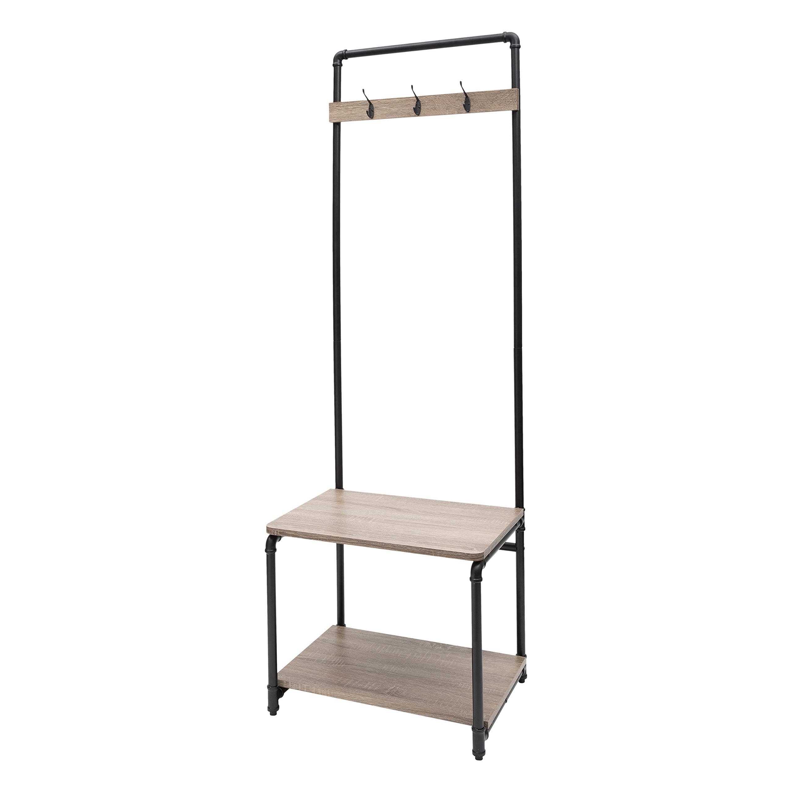 Organize It All Neu Home Pipe Line Coat Rack 3 Hooks, Shoe Shelf, and Bench Entryway Storage, Black