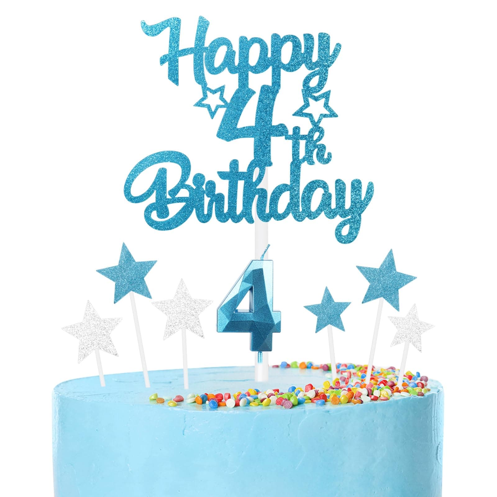 iNINGER 4th Birthday Candles - Blue Number 4 Candle, Star Cake Toppers for Boys & Girls Birthday Party, Wedding Anniversary, Cake Candles for 4th Birthday Decorations
