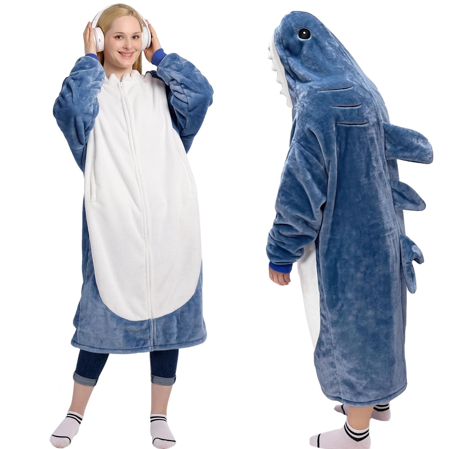 Waitu Shark Blanket Hoodie Funny Birthday Gifts for Women Mom Men Boys Girls, Zipper Wearable Shark Hooded Blanket Cute Shark Costume Cozy Flannel Shark Sleeping Bag for Shark Gifts (Adult, Blue)