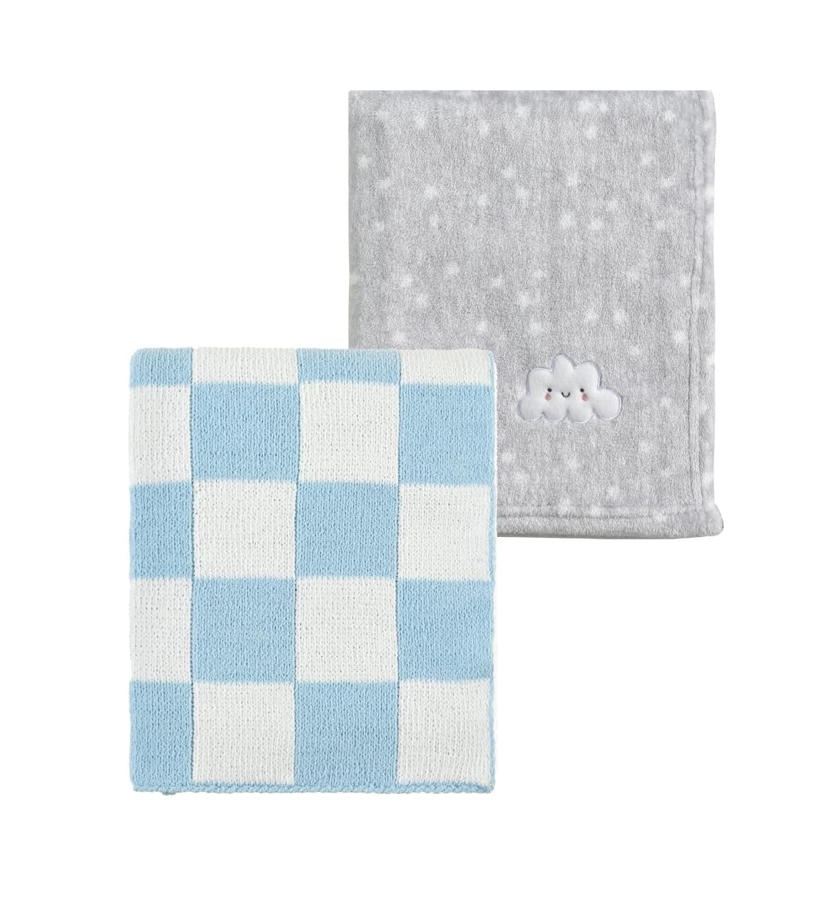 CREVENT 2Pcs 30''X40'' Cute Cozy Fluffy Warm Baby Blankets for Infants Toddlers' Bedding Crib Cot Stroller - Grey Cloud + Knit Checked Blue