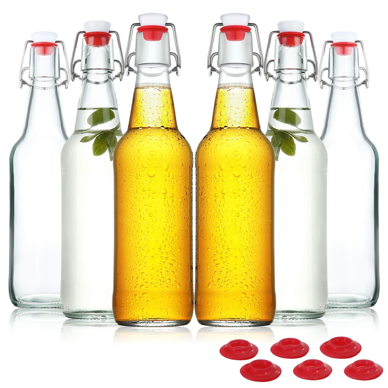 YEBODA 16 oz Clear Swing Top Glass Bottles with Airtight Lids, 6 Pack