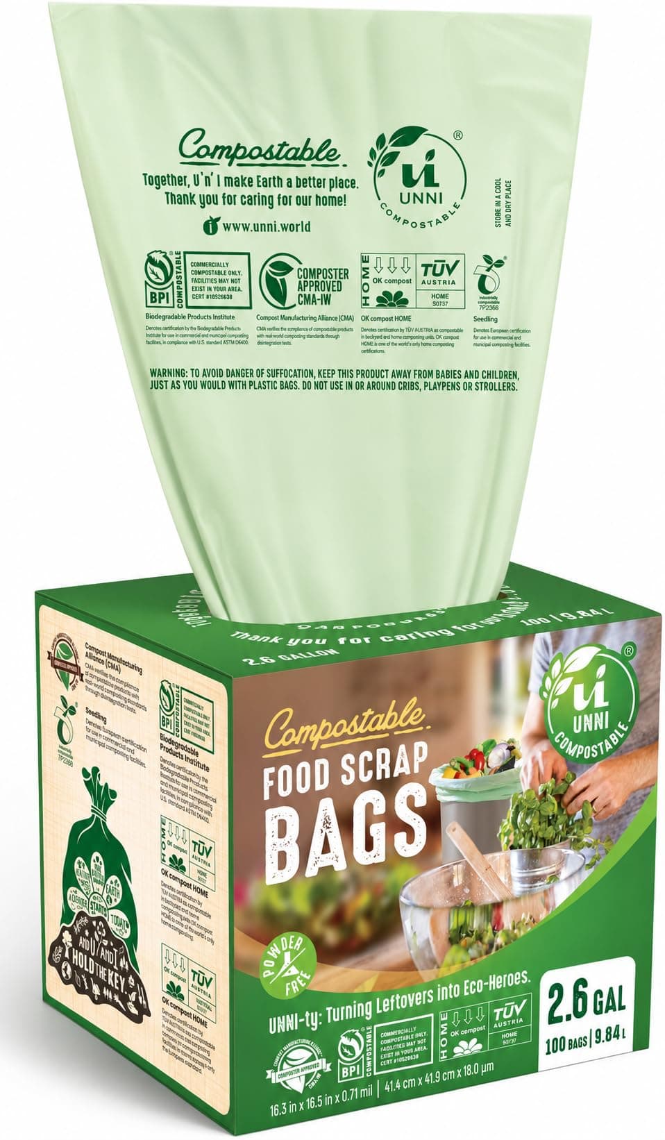 UNNI Compostable Liner Bags, 2.6 Gallon, 9.84 Liter, 100 Count, Extra Thick 0.71 Mil, Small Kitchen Food Scrap Waste Bags, ASTM D6400, US BPI, CMA and Europe OK Compost Home Certified, San Francisco
