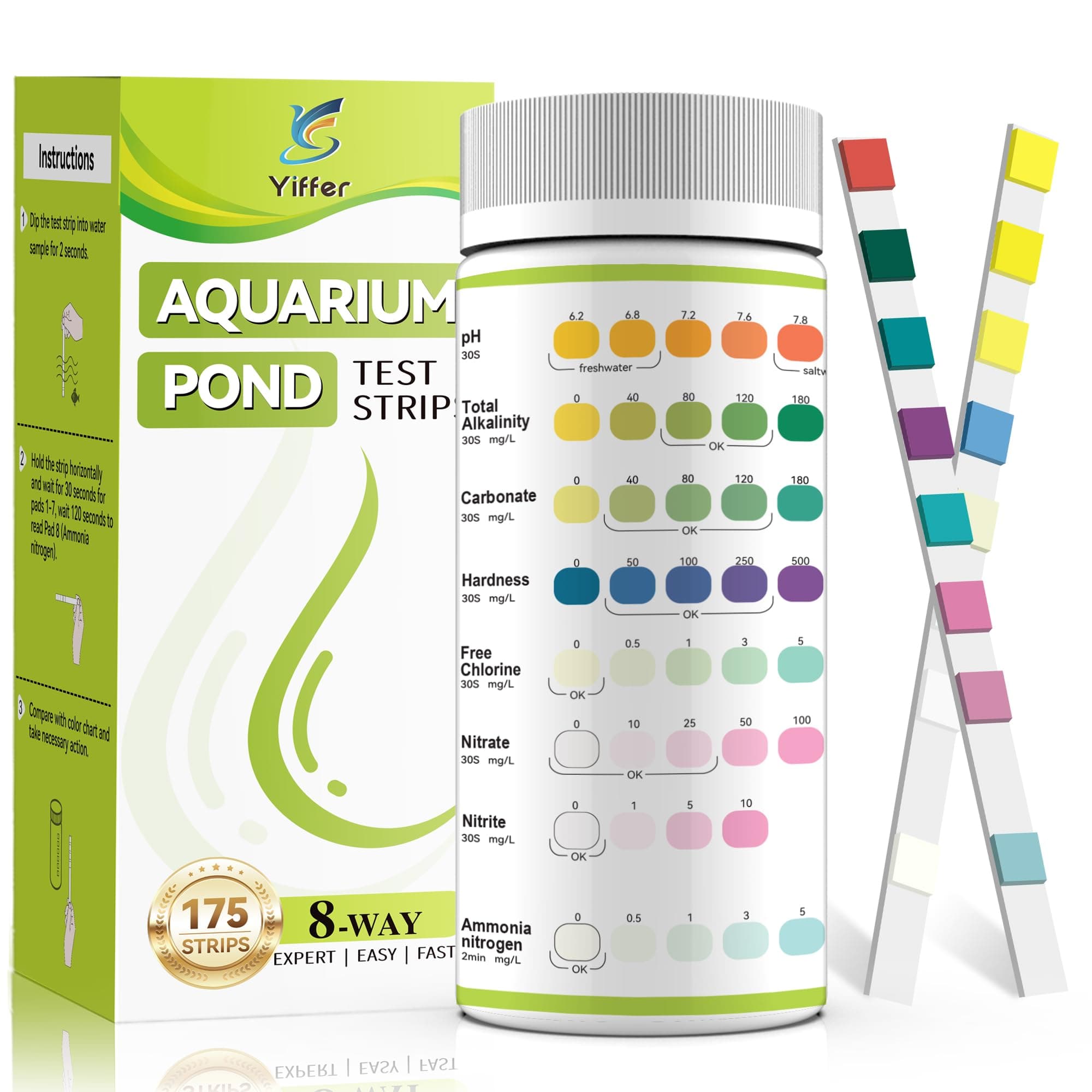 175-Count 8-Way Aquarium Test Strips with Ammonia-Accurate Test Ammonia,pH, Total Alkalinity, Carbonate, Hardness, Free Chlorine, Nitrate and Nitrite for Fish Tanks & Ponds