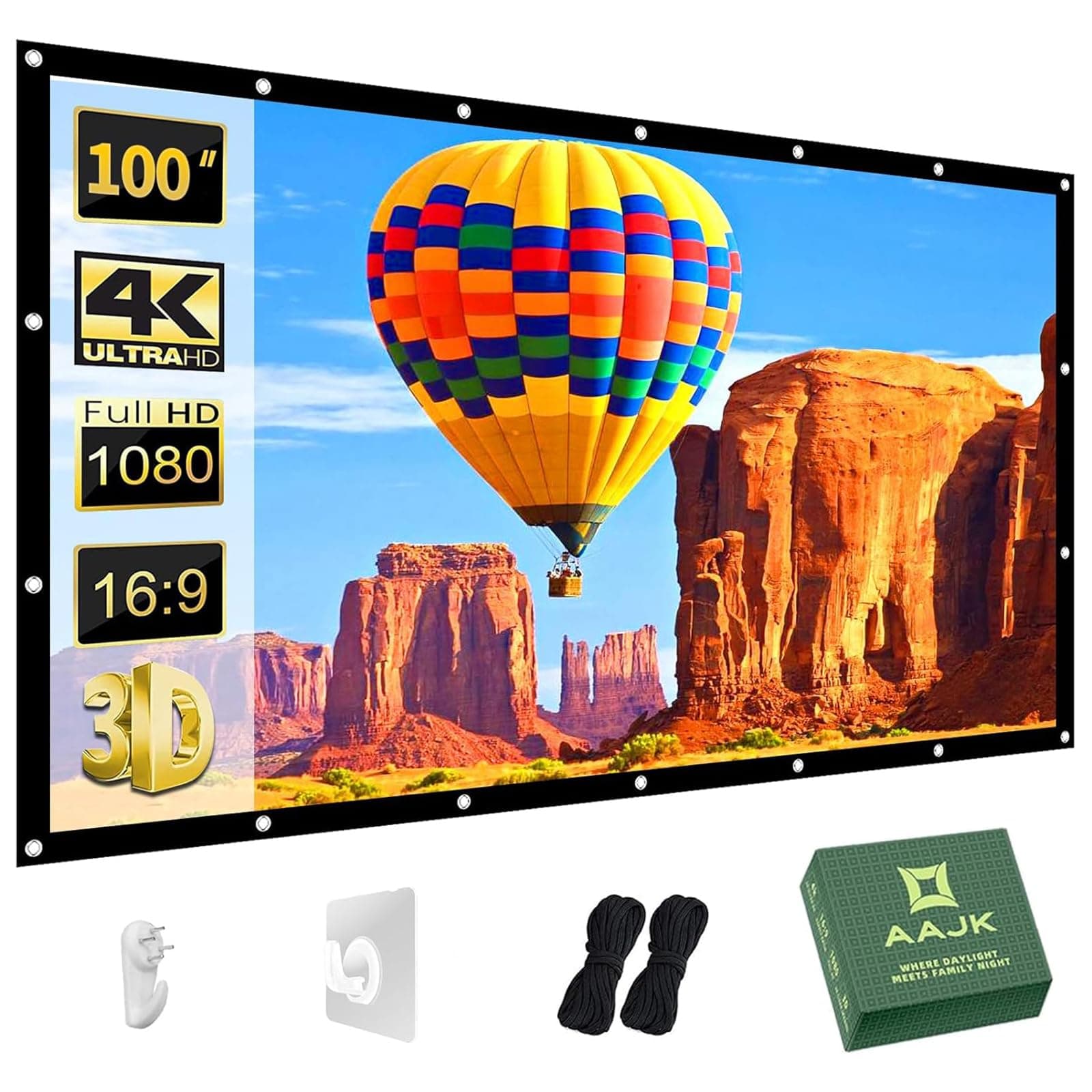AAJK Outdoor Projector Screen 100 inch, Washable Projector Screen 16:9 Foldable Anti-Crease Portable Projector Movies Screen for Home Theater Outdoor Indoor Support Double Sided Projection