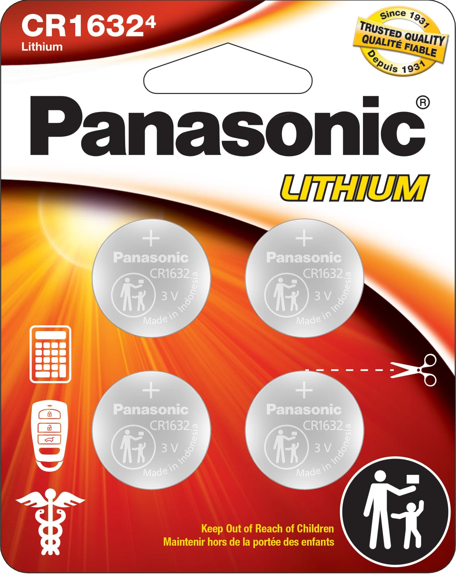 Panasonic CR1632 3.0 Volt Long Lasting Lithium Coin Cell Batteries in Child Resistant, Standards Based Packaging, 4-Battery Pack