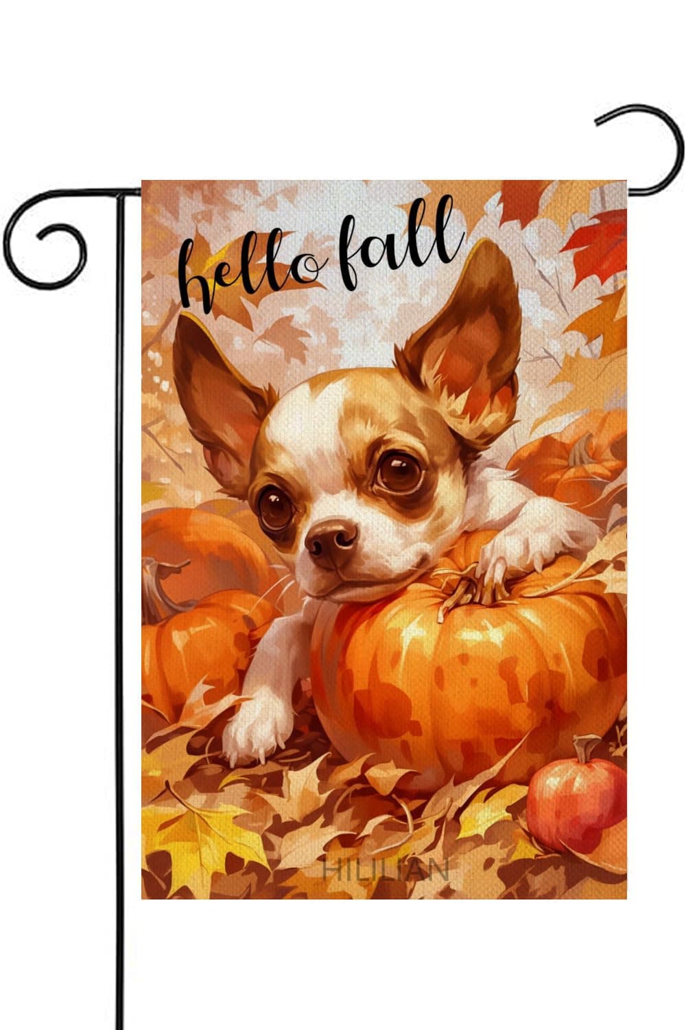 HILILIAN Hello Fall Chihuahua Flag 12x18 Double Sided, Burlap Small Pumpkins Garden Yard House Flags Outside Outdoor Autumn Porch Lawn Decoration(6538)