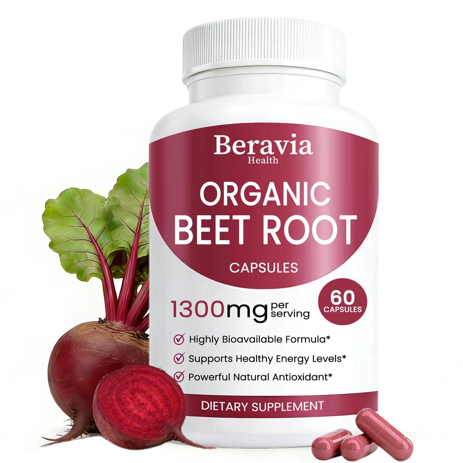 Beravia Health Organic Beet Root Capsules, Beetroot Capsules 1300mg | Support Healthy Circulation & Vitality, Natural, Vegan & Non-GMO, Beet Root Supplement for Women & Men - 60 Capsules (1 Bottle)