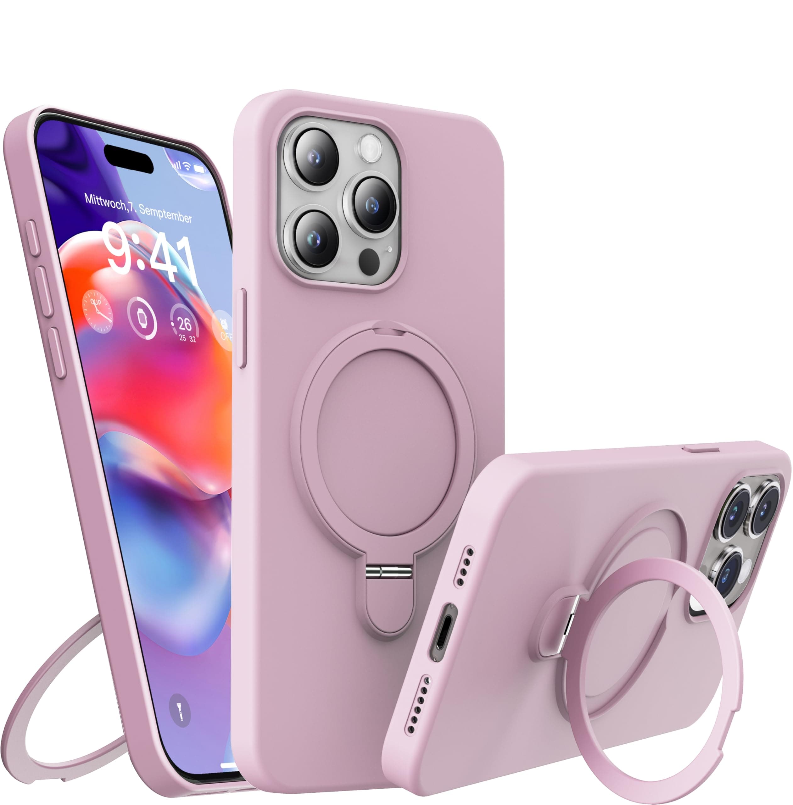 REMFNEKL Liquid Silicone Case for iPhone 14 Pro，with Stand，Kickstand, Compatible with Magsafe, Pink